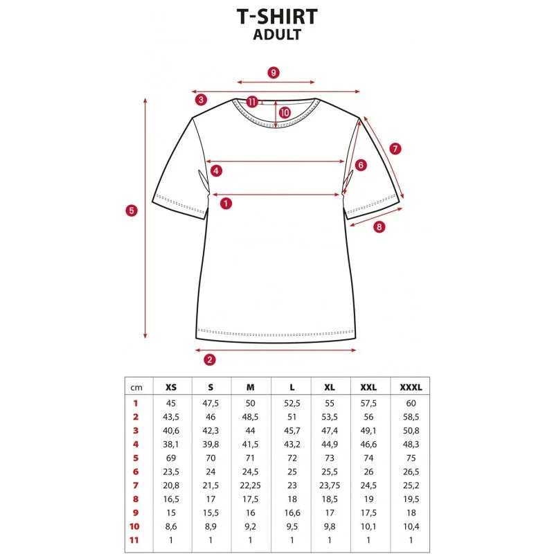 T-shirt size chart with detailed measurements for adult unisex sizes XS to XXXL, including length, width, and sleeve dimensions