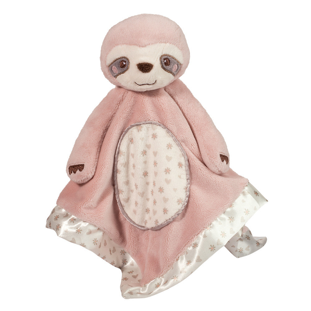Pink sloth plush baby snuggler with soft fabric, embroidered features, and patterned satin trim for cuddling and sensory play