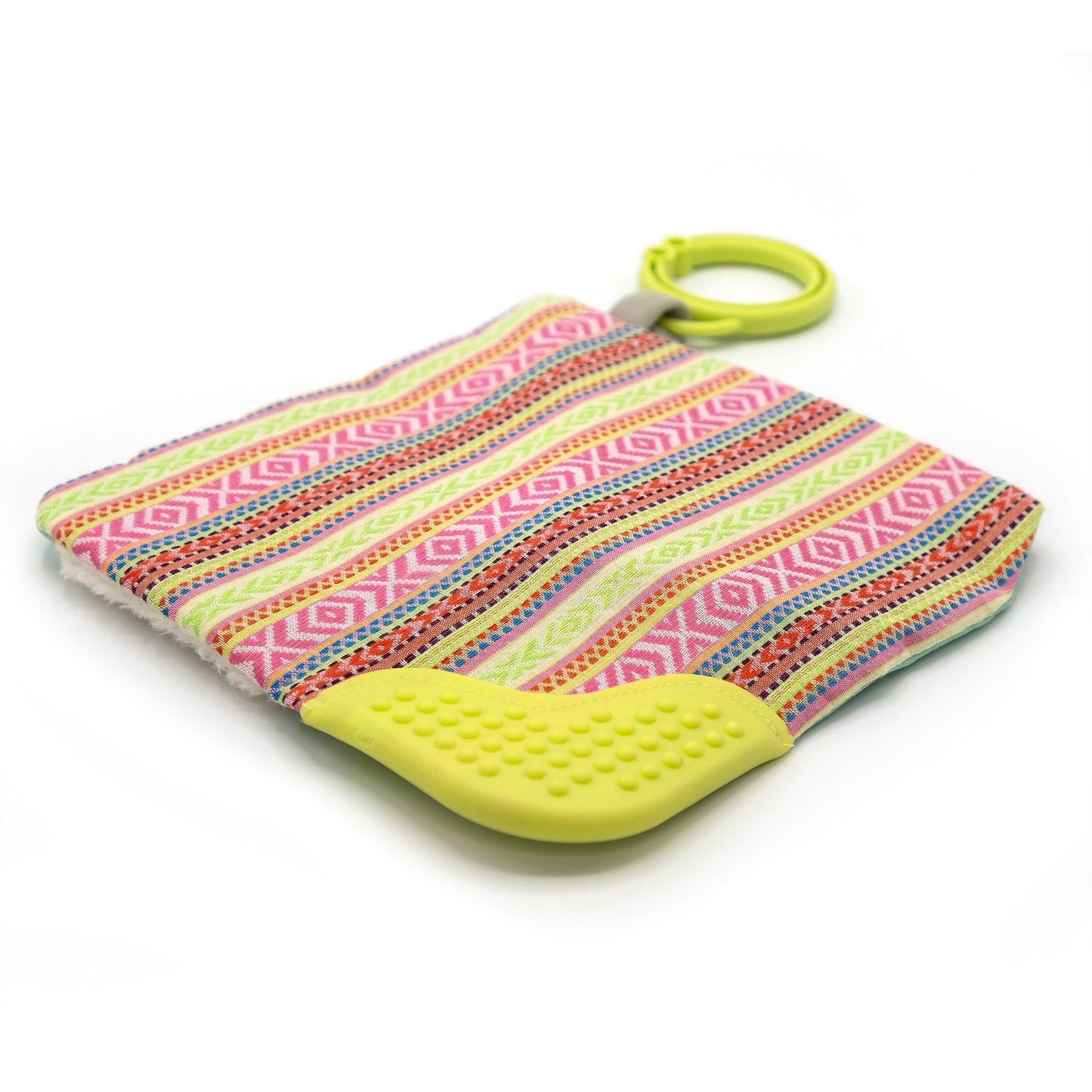 Colorful llama-themed baby teether toy with crinkle square, festive patterns, and yellow teething corner for soothing and play