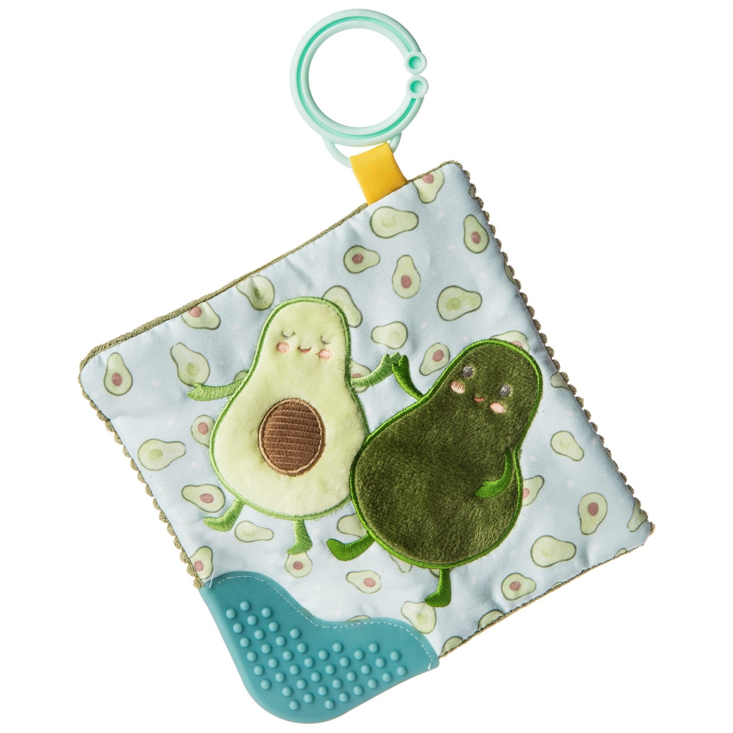 Baby Yummy Avocado Crinkle Teether with cute avocado characters, teething corner, and clip for attachment to strollers or cribs