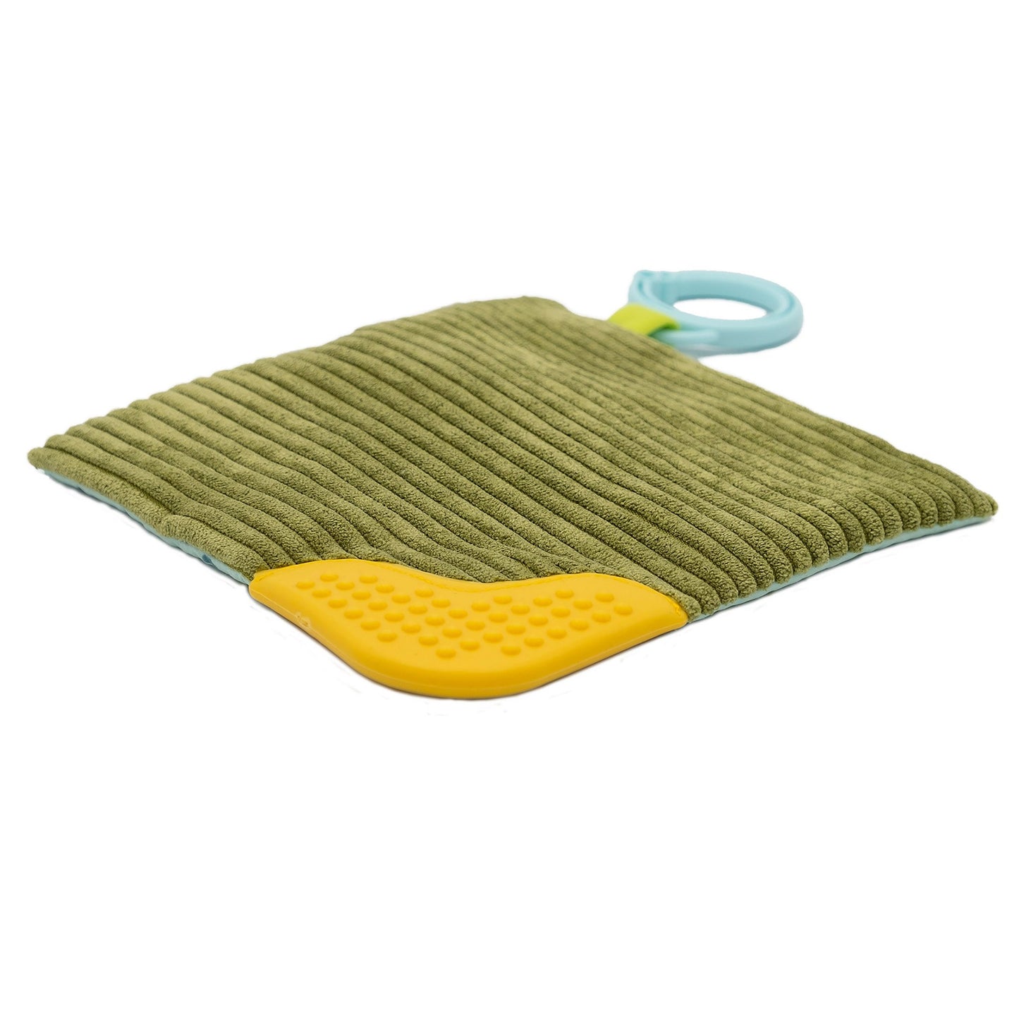 Green dinosaur-shaped baby teether toy with yellow corner and blue loop, textured fabric for sensory play and soothing