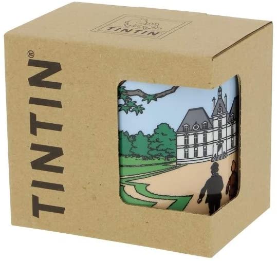 Tintin mug in gift box showing Marlinspike Hall scene with two figures approaching castle, microwave and dishwasher safe porcelain