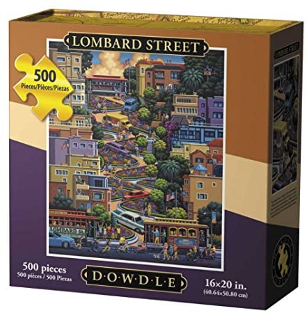 Colorful 500-piece puzzle of San Francisco's winding Lombard Street, featuring mansions, flowers, and tourists