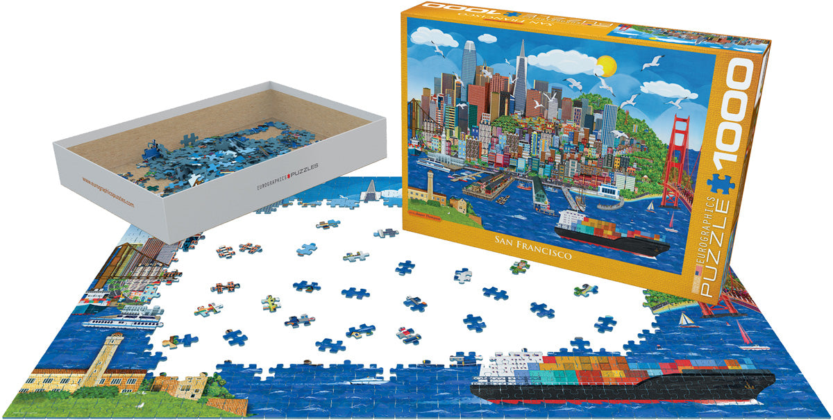 Colorful 1000-piece San Francisco puzzle featuring cityscape, Golden Gate Bridge, and bay with ships, shown assembled and in box