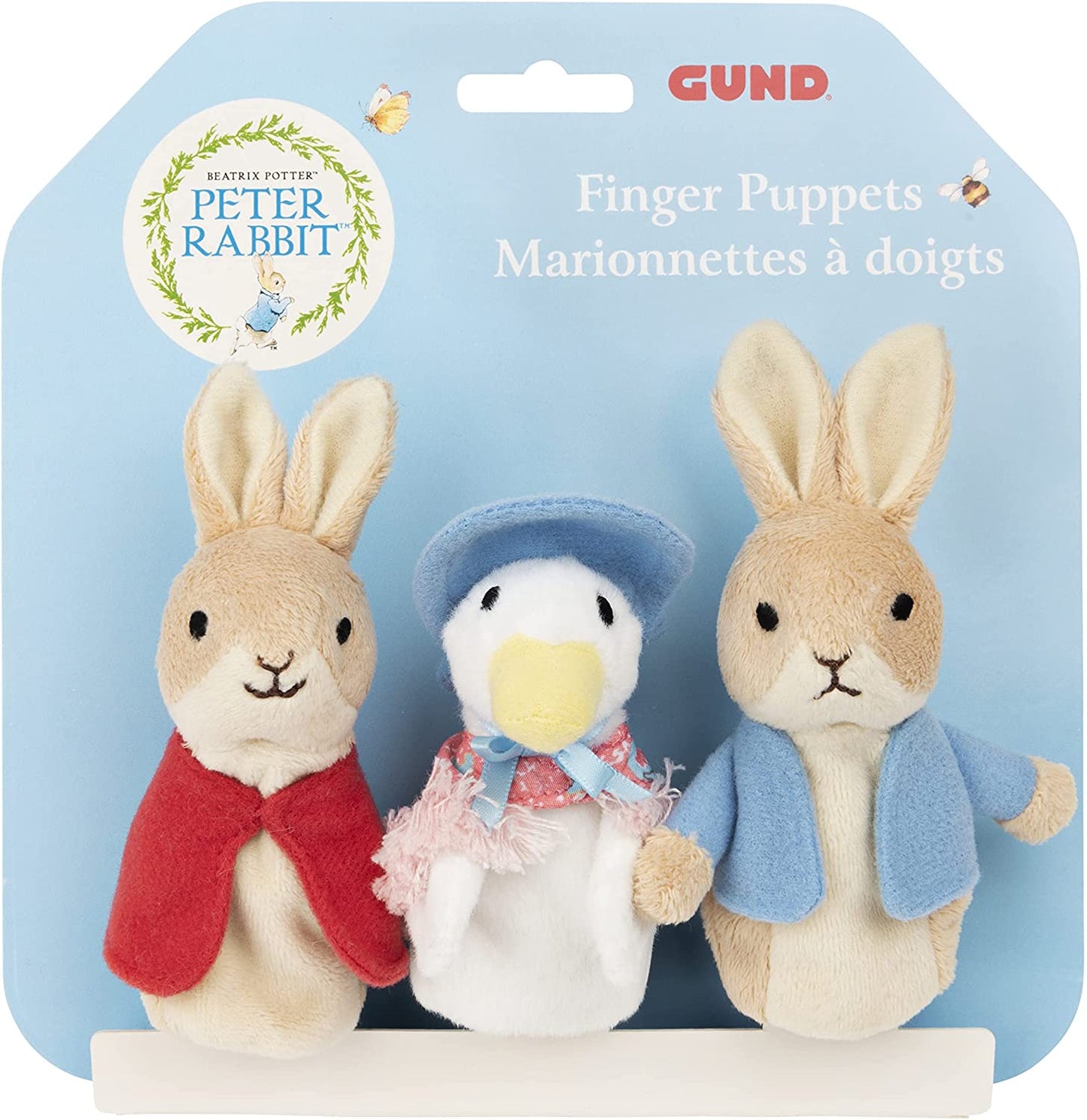 Gund Beatrix Potter finger puppets set featuring Peter Rabbit, Jemima Puddle-Duck, and Flopsy in colorful outfits on blue packaging