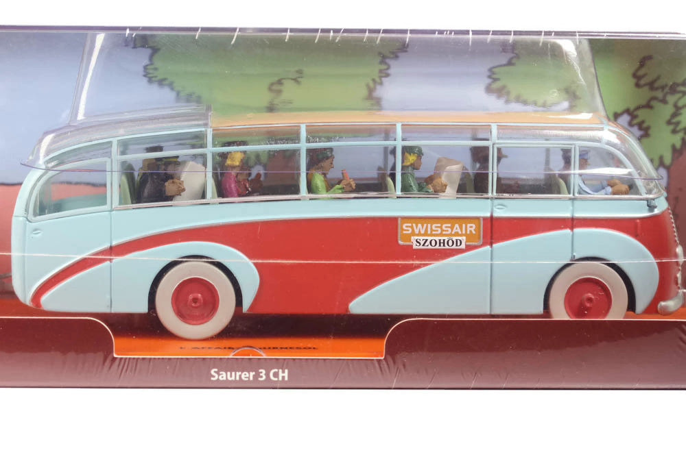 Tintin Swissair Saurer 3 CH diecast bus model from The Calculus Affair, displaying detailed interior and passengers in collectible packaging