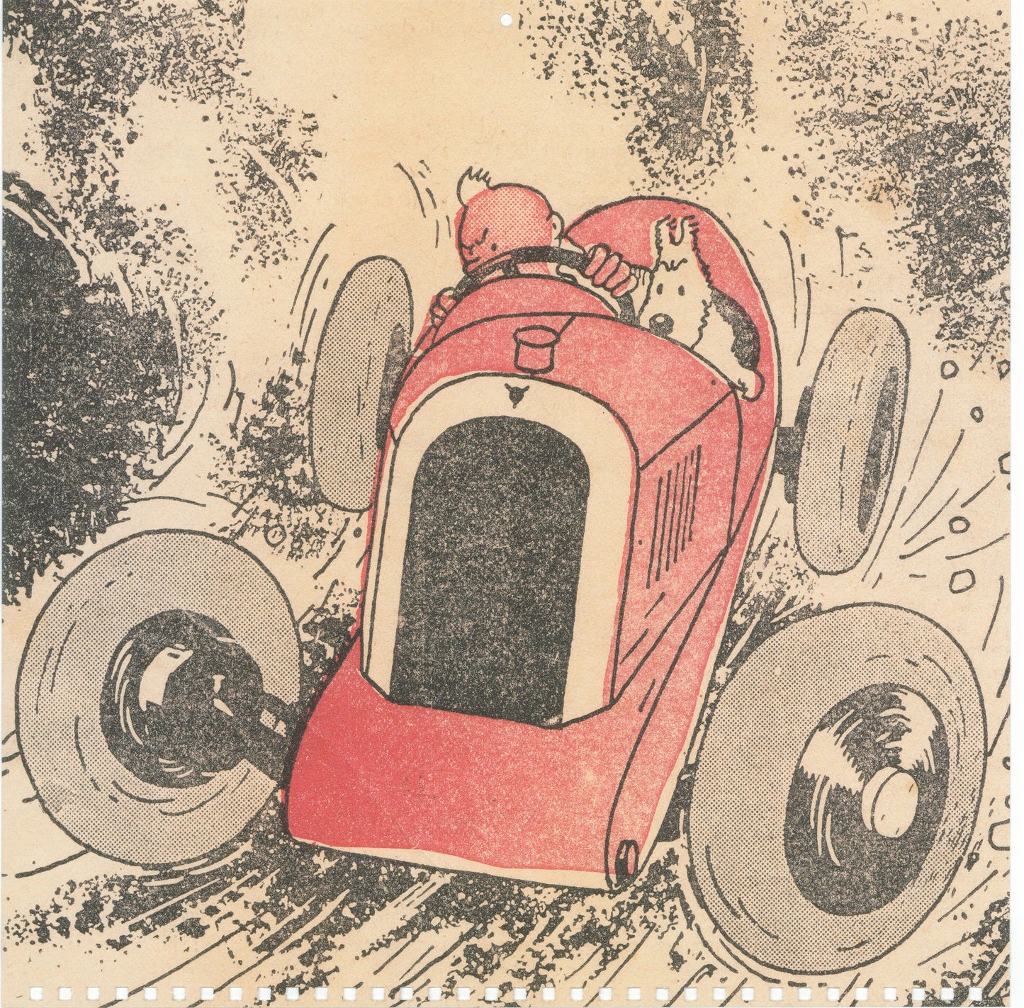 Vintage Tintin comic illustration showing a red vintage race car speeding, likely from 2016 Le Petit Vingtieme calendar