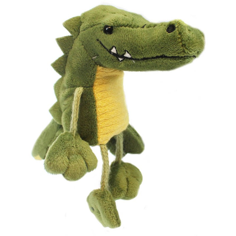 Green plush crocodile finger puppet with yellow belly, smiling face, and visible limbs for interactive storytelling and play
