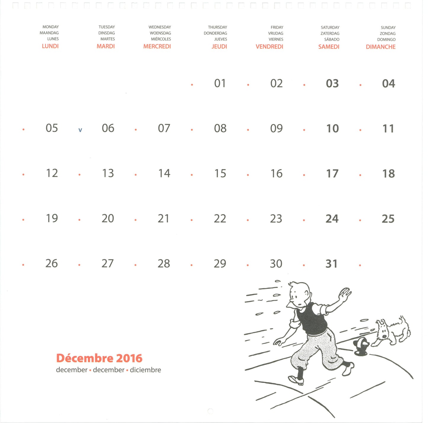 2016 Tintin calendar page for December featuring cartoon of Tintin running with Snowy, showcasing early Herge artwork