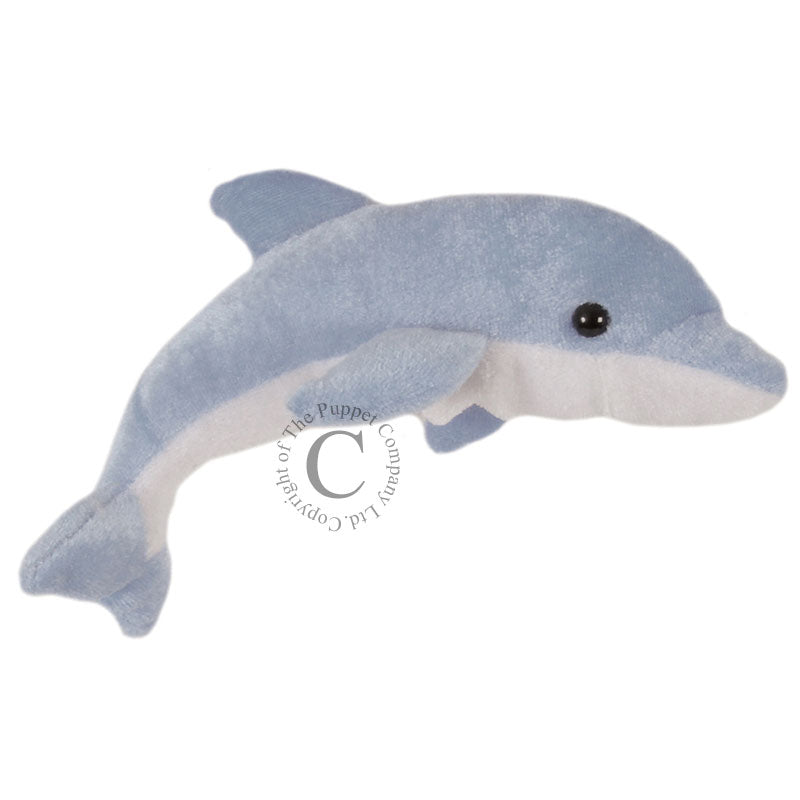 Soft blue dolphin finger puppet toy by The Puppet Company, 7 inches long with white belly and black eye