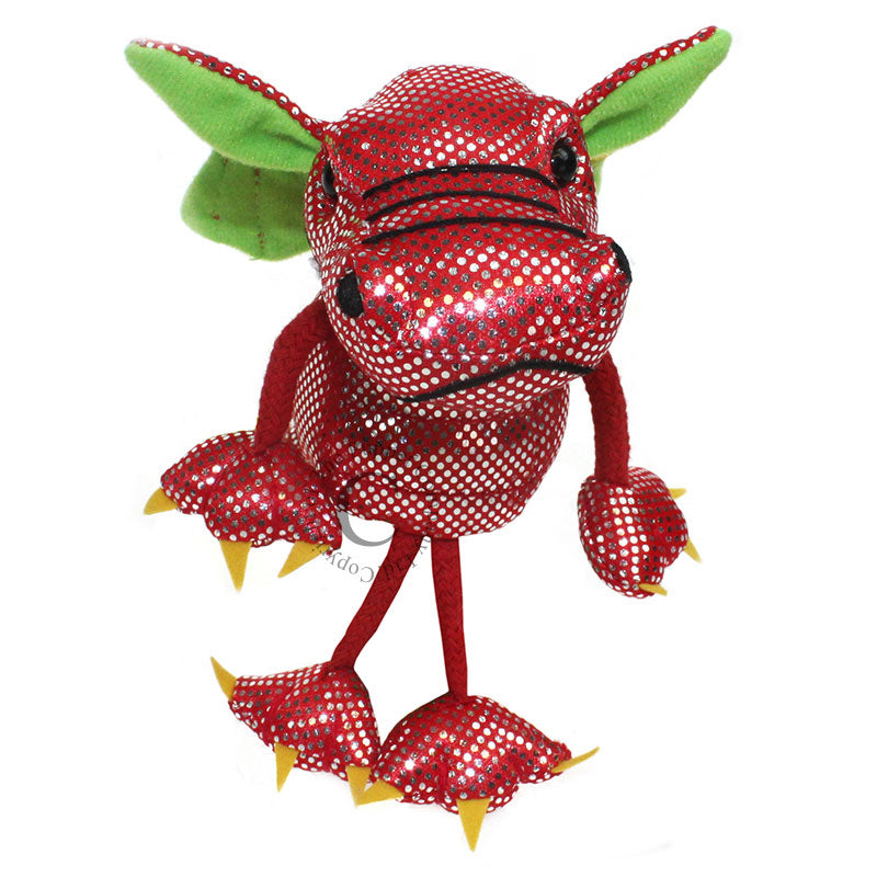 Red dragon finger puppet with sparkly scales, green ears, and yellow claws, ideal for storytelling and play
