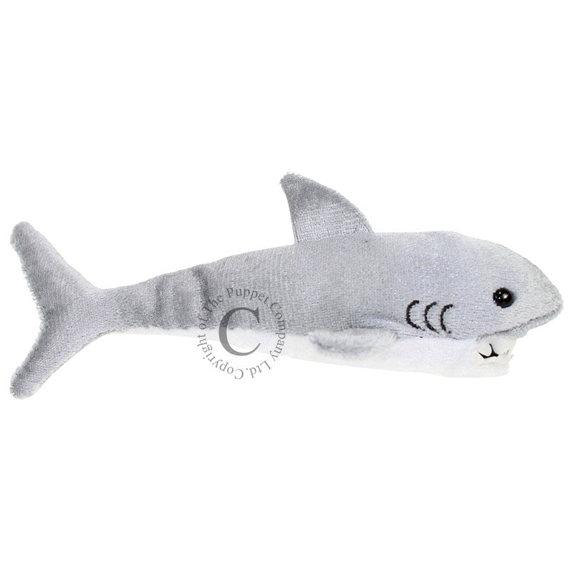 Plush gray great white shark finger puppet toy for storytelling and play, 7 inches long