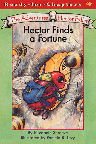 Book cover of "Hector Finds a Fortune" featuring colorful insect character with backpack exploring tree bark