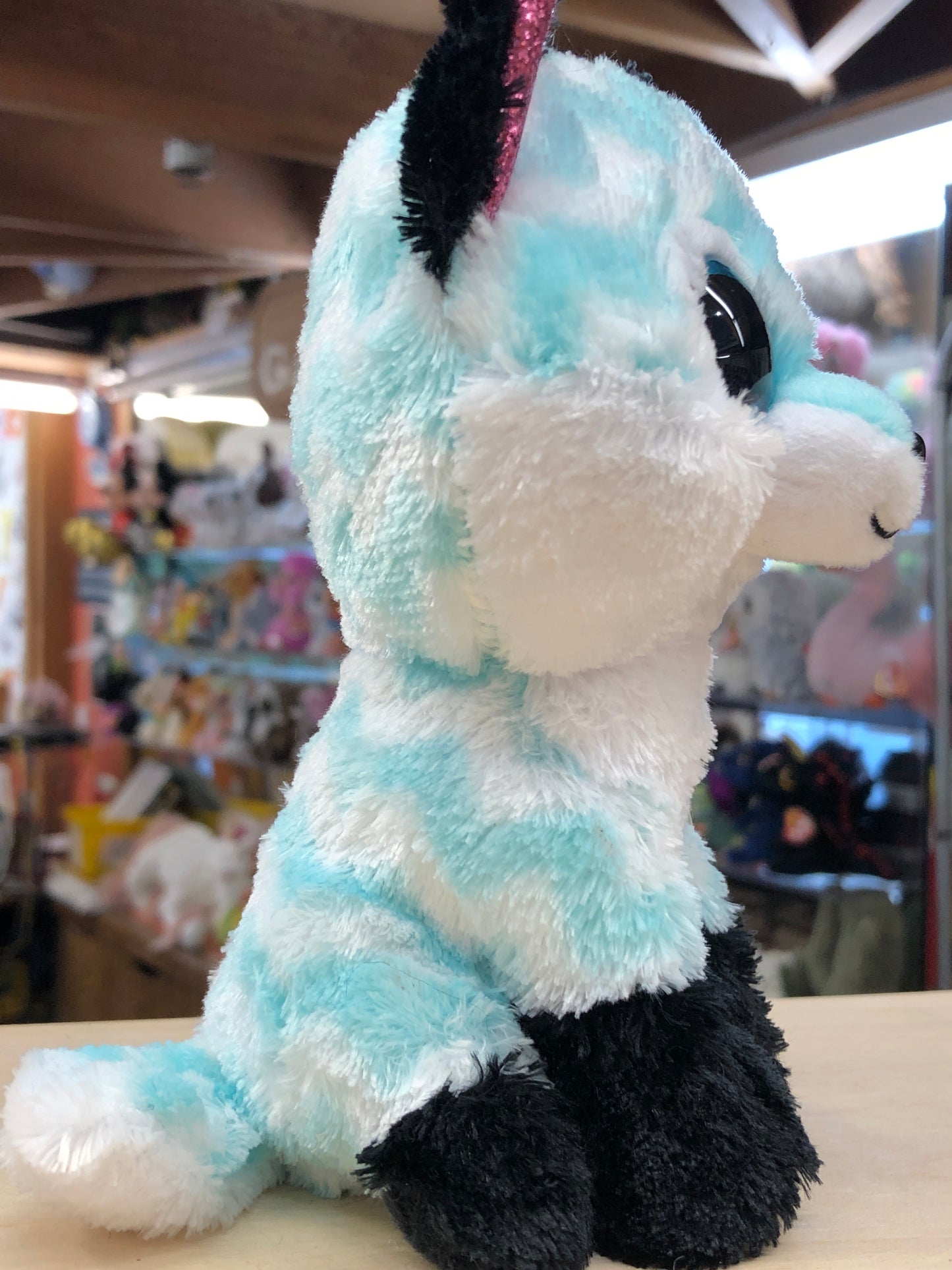 Ty Beanie Boo Atlas aqua fox plush toy with blue and white striped fur, blue eyes, and black paws in a toy store display
