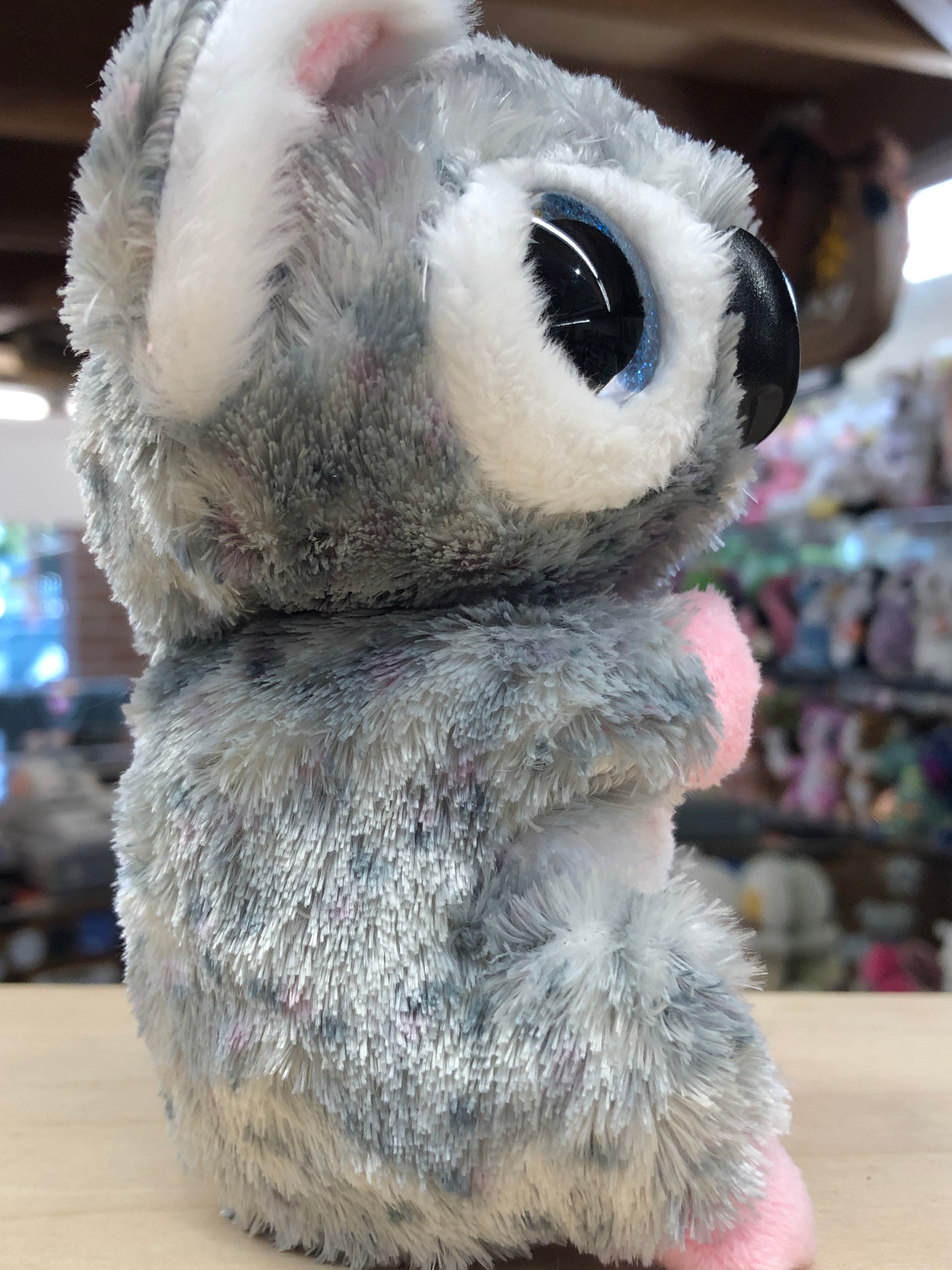 Ty Beanie Boo Karli gray spotted koala plush toy with large sparkly eyes, sitting on display in a toy store