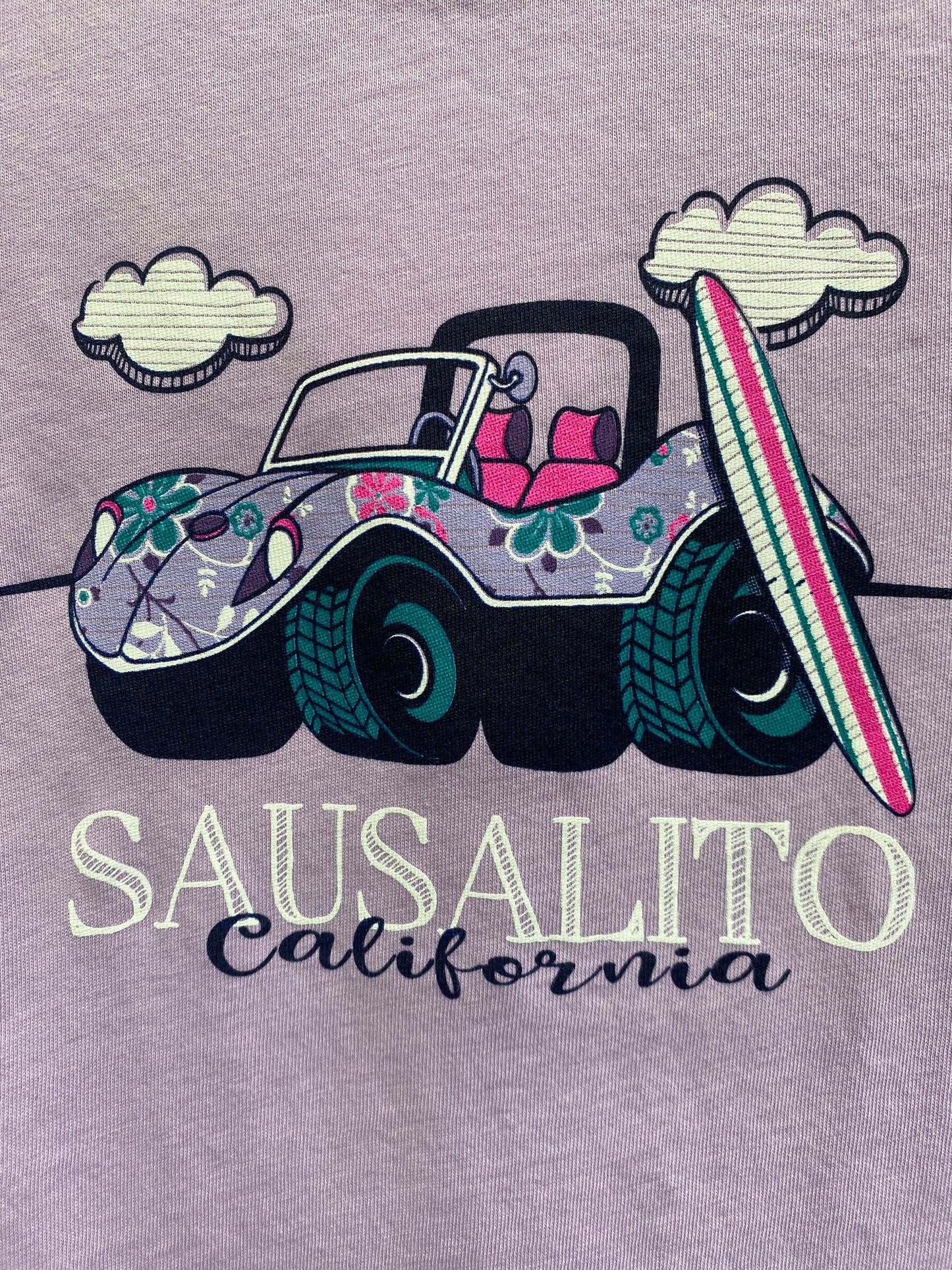 Floral beach buggy with surfboard on kid's t-shirt design for Sausalito, California