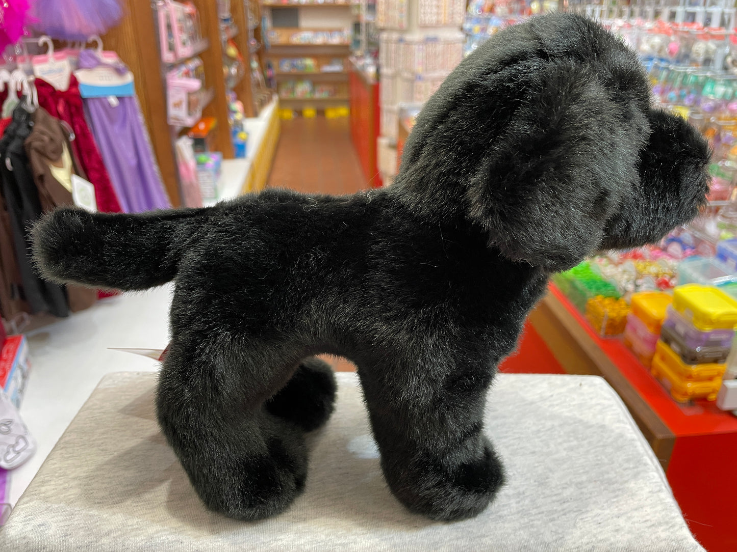 Realistic black Labrador plush toy standing on display in toy store, soft fur and lifelike pose
