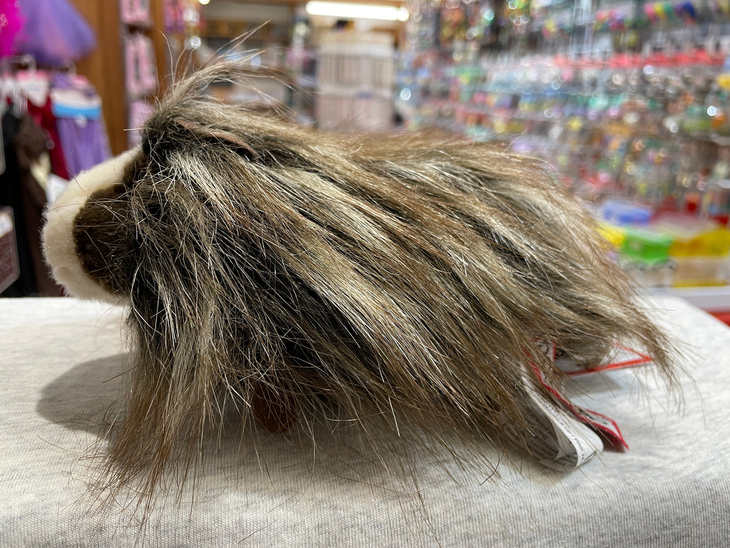Realistic mini guinea pig plush toy with long brown fur, displayed in a toy store setting