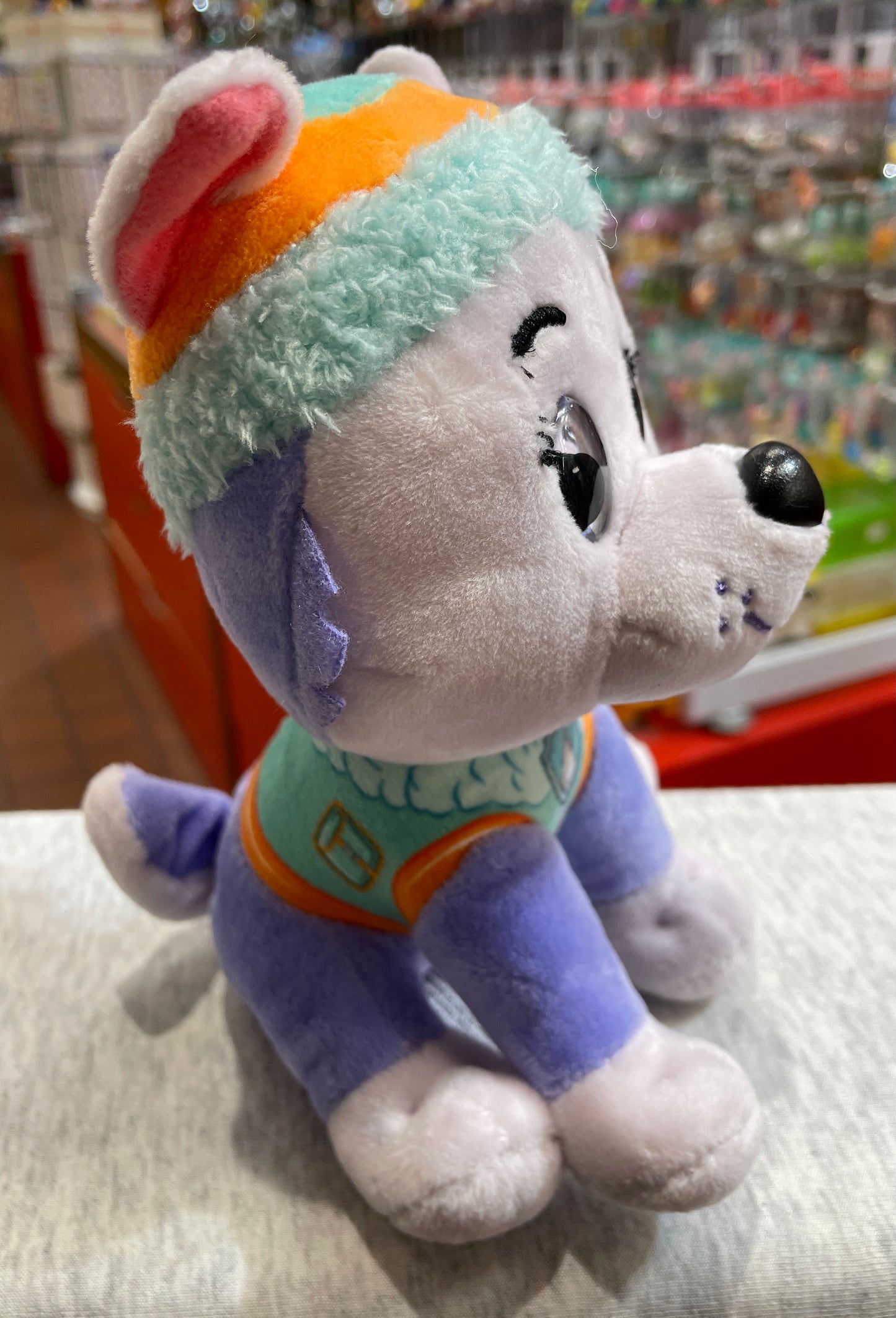 Gund Paw Patrol Everest plush toy, 6-inch Siberian Husky in colorful rescue uniform with fuzzy beanie, sitting in store display