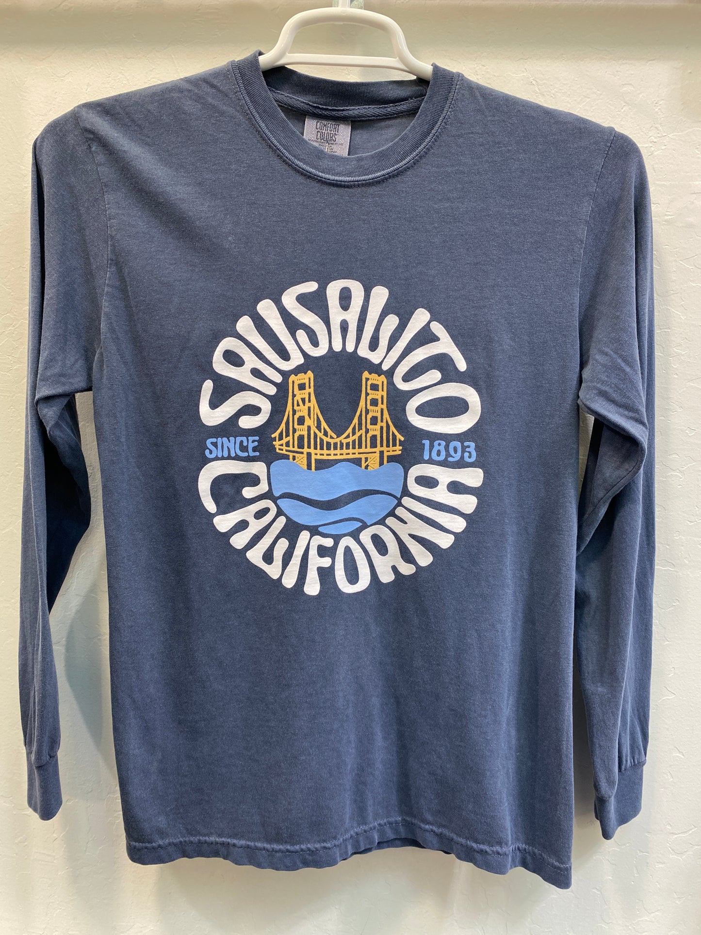 Groovy Sausalito California long-sleeve t-shirt with Golden Gate Bridge design, denim blue color, featuring "Since 1893" text