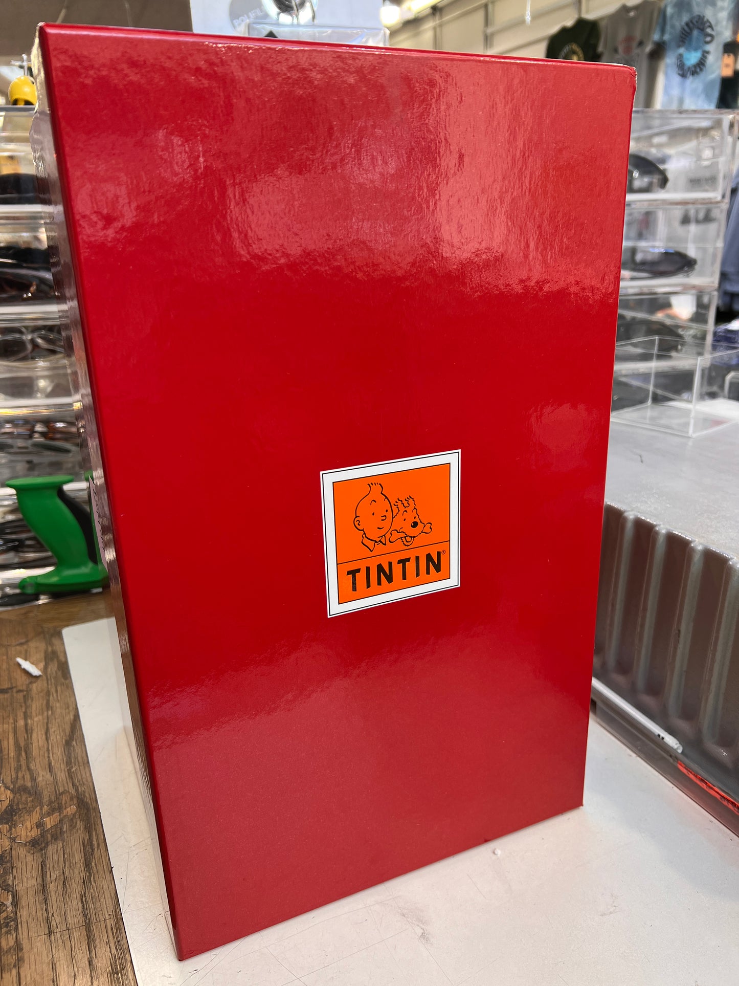 Tintin Moon Rocket collectible in red presentation box with Tintin logo, 35cm resin model from 2015 Moulinsart Mythical Images series