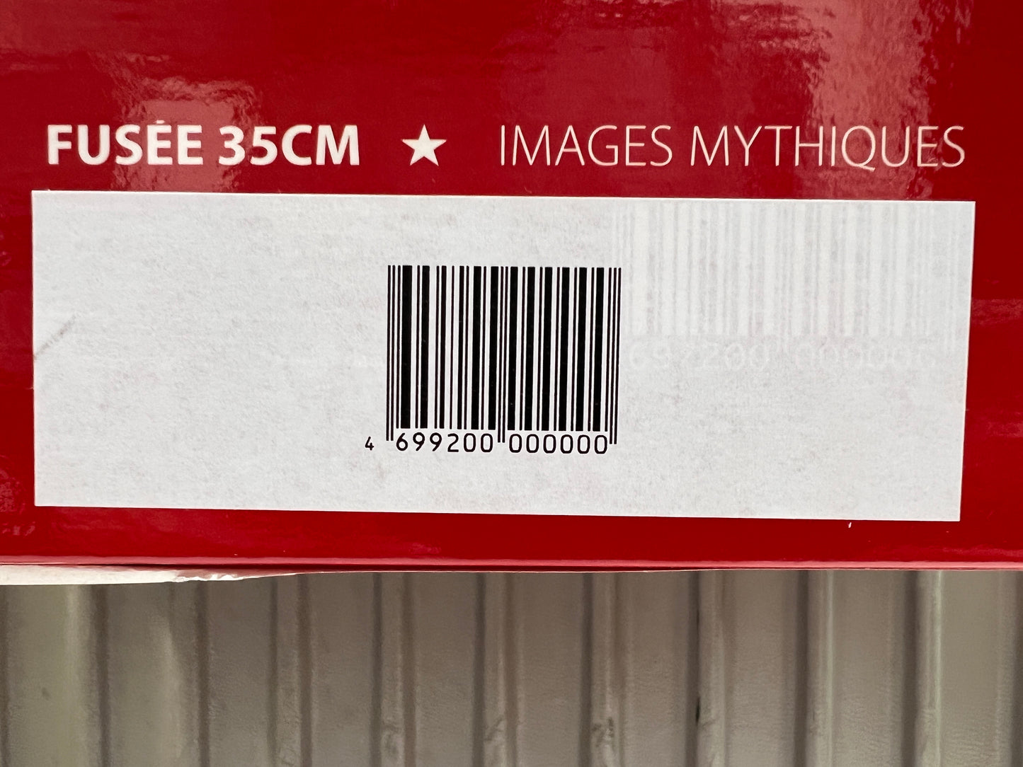 Tintin Moon Rocket 35cm collectible model box label with barcode, part of Images Mythiques series