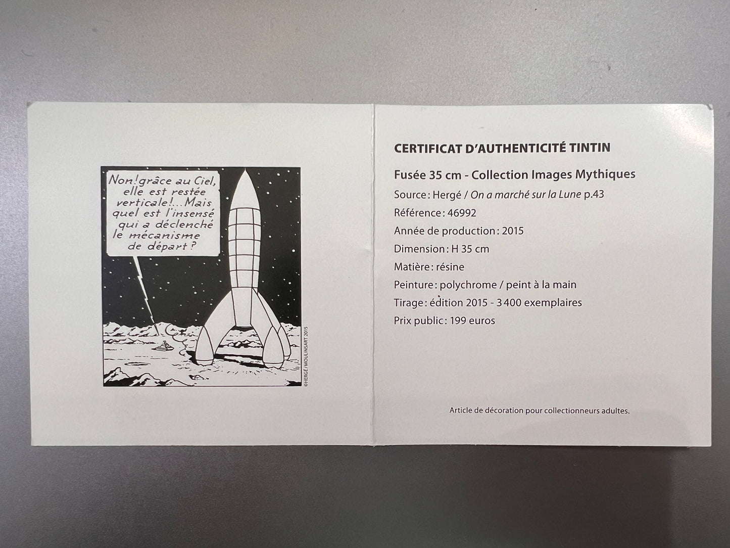 Certificate of authenticity for 35cm Tintin Moon Rocket collectible, 2015 limited edition, with comic panel and product details
