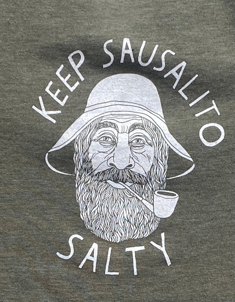 Green t-shirt with "Keep Sausalito Salty" slogan and illustration of bearded man in hat smoking pipe