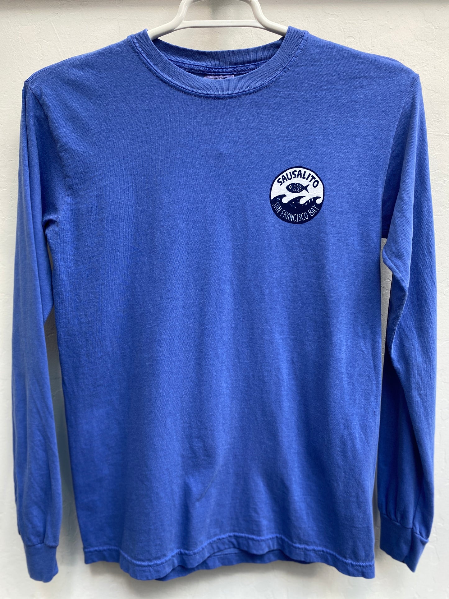Blue long sleeve shirt with Sausalito San Francisco Bay logo featuring fish and waves, unisex cotton design