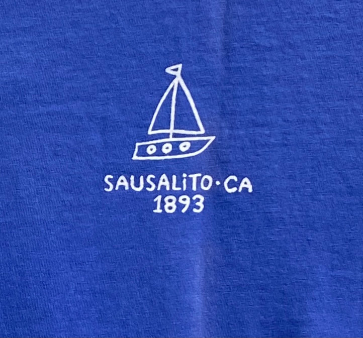 Blue Sausalito t-shirt with white sailboat logo and "Sausalito CA 1893" text, representing coastal town's maritime heritage