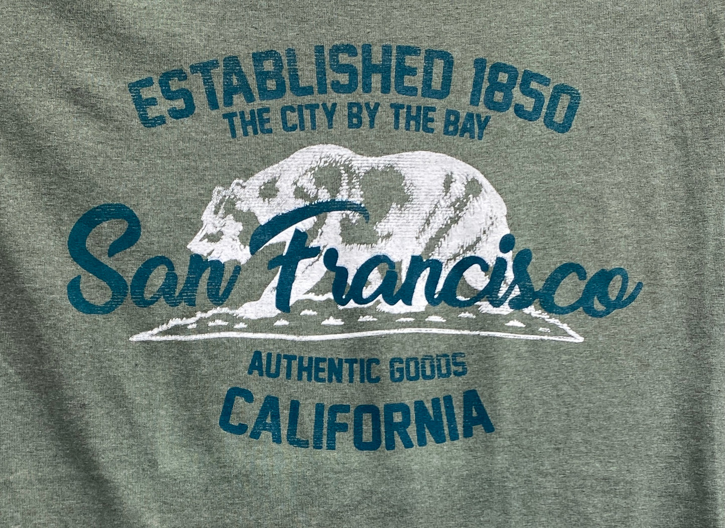 San Francisco t-shirt design with California bear logo, "Established 1850" text, and "Authentic Goods" branding on gray fabric