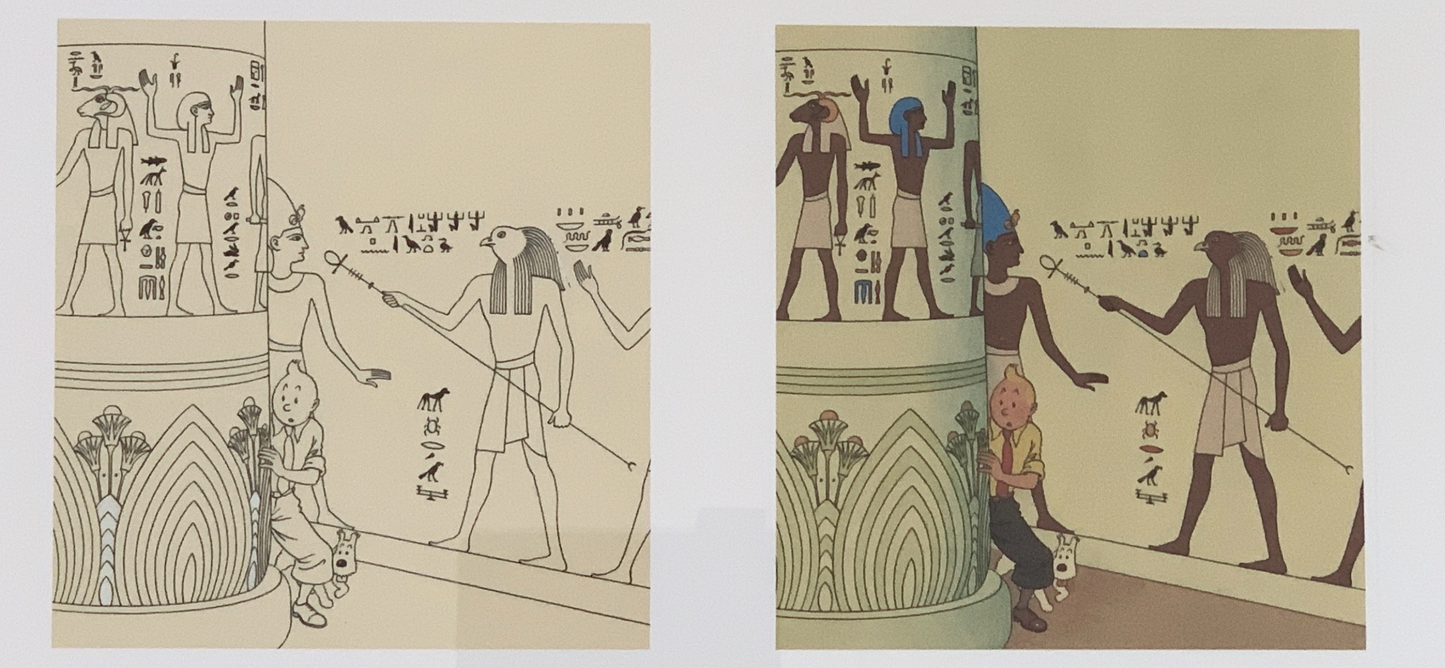 Cigars of the Pharaoh 1942 illustration: Egyptian-style artwork with cartoon character, ink drawing and colored version side-by-side