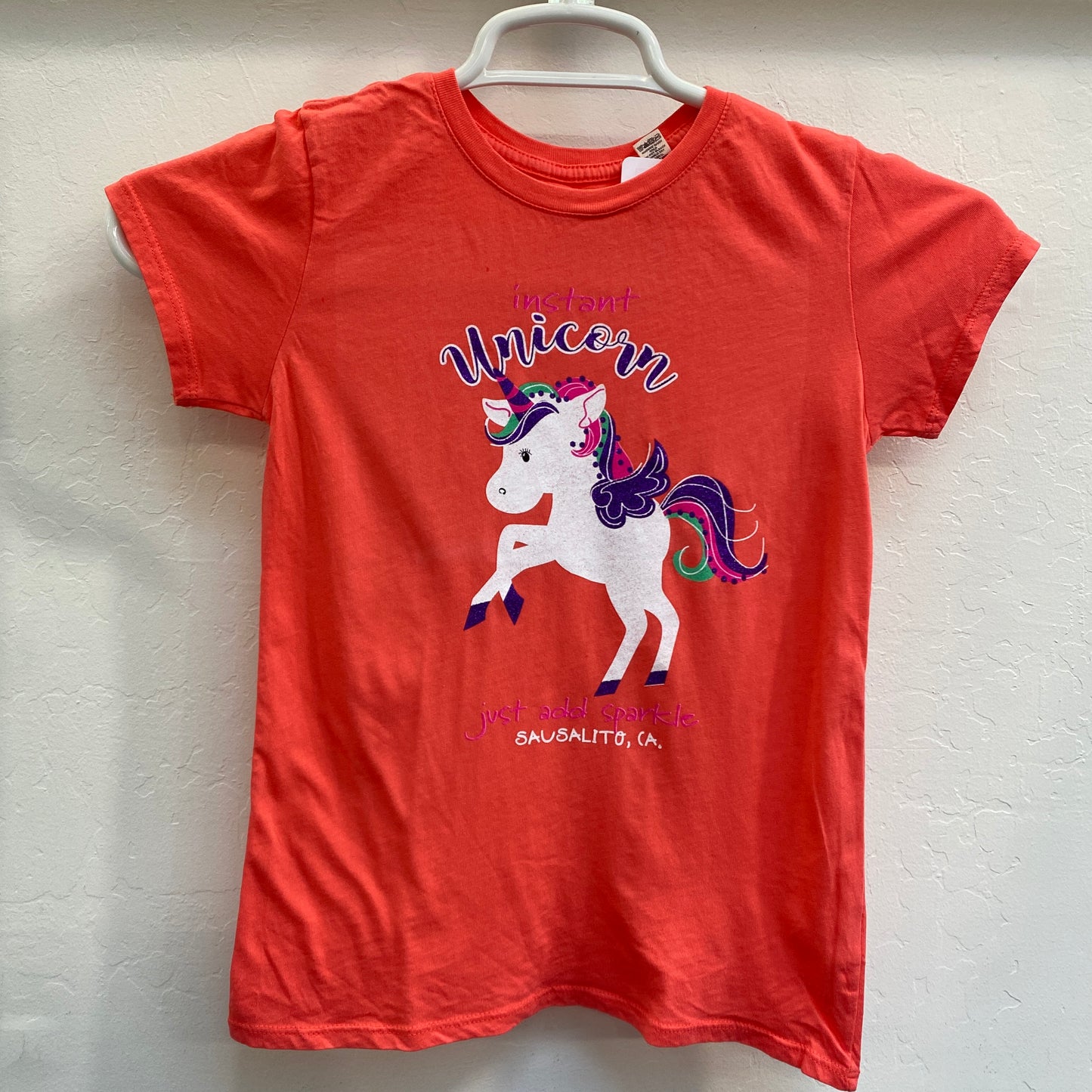 Red Sausalito girls' t-shirt with cute unicorn design and "Instant unicorn, just add sparkle" text, cotton, sizes XS-L