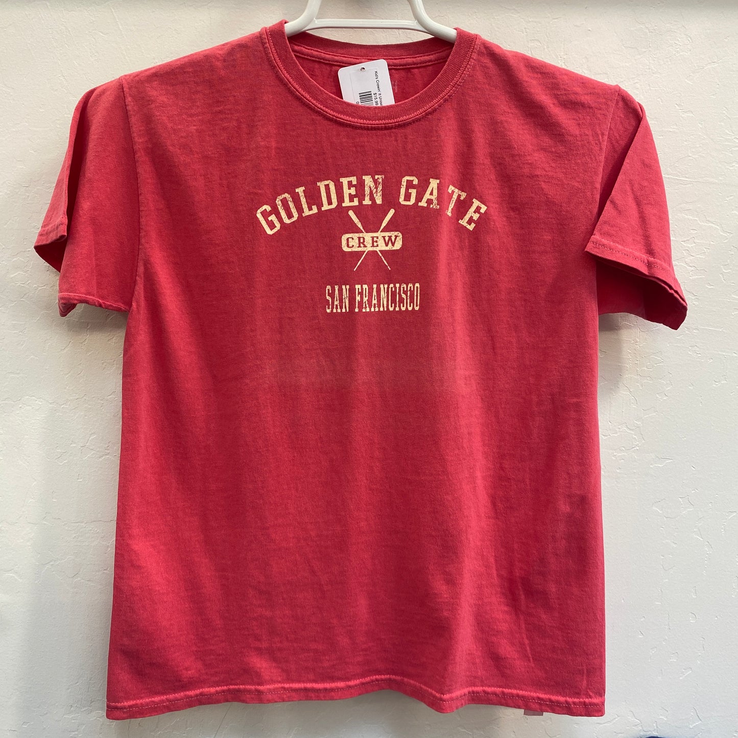Red kids' t-shirt with "Golden Gate Crew San Francisco" and crossed oars logo, cotton garment-dyed for softness