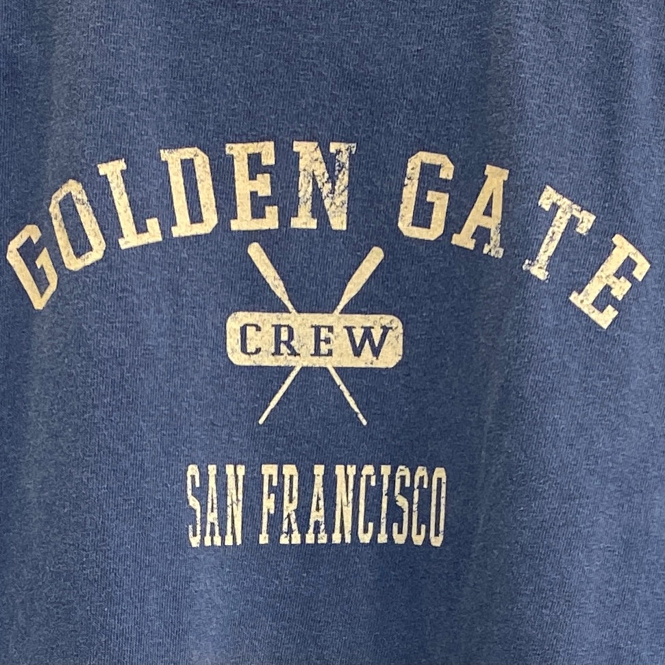 Blue kids' t-shirt with "Golden Gate Crew San Francisco" and crossed oars logo in gold print