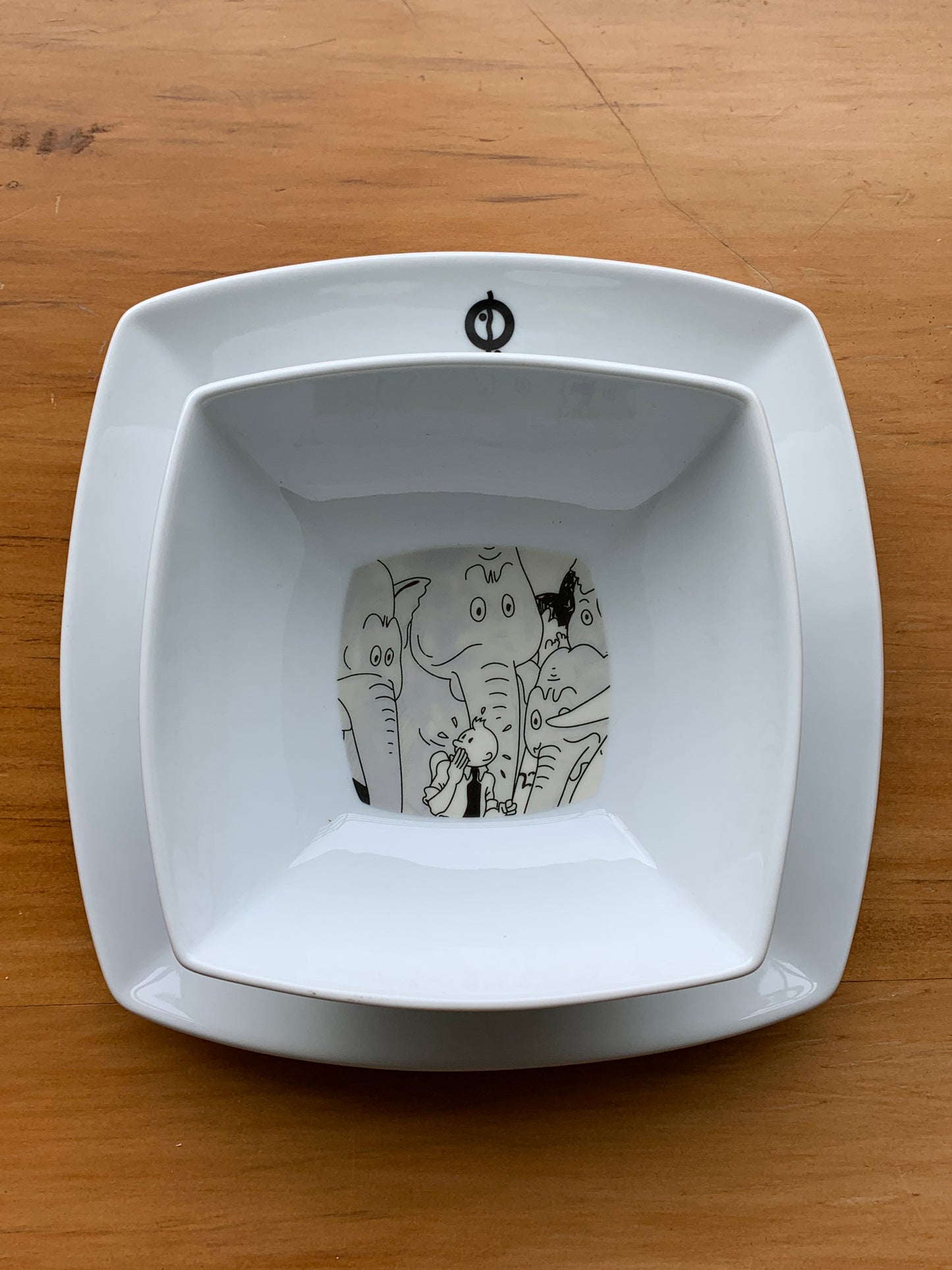 Tintin and Elephants plate from tableware set, white square dish with cartoon illustration, microwave-safe stoneware