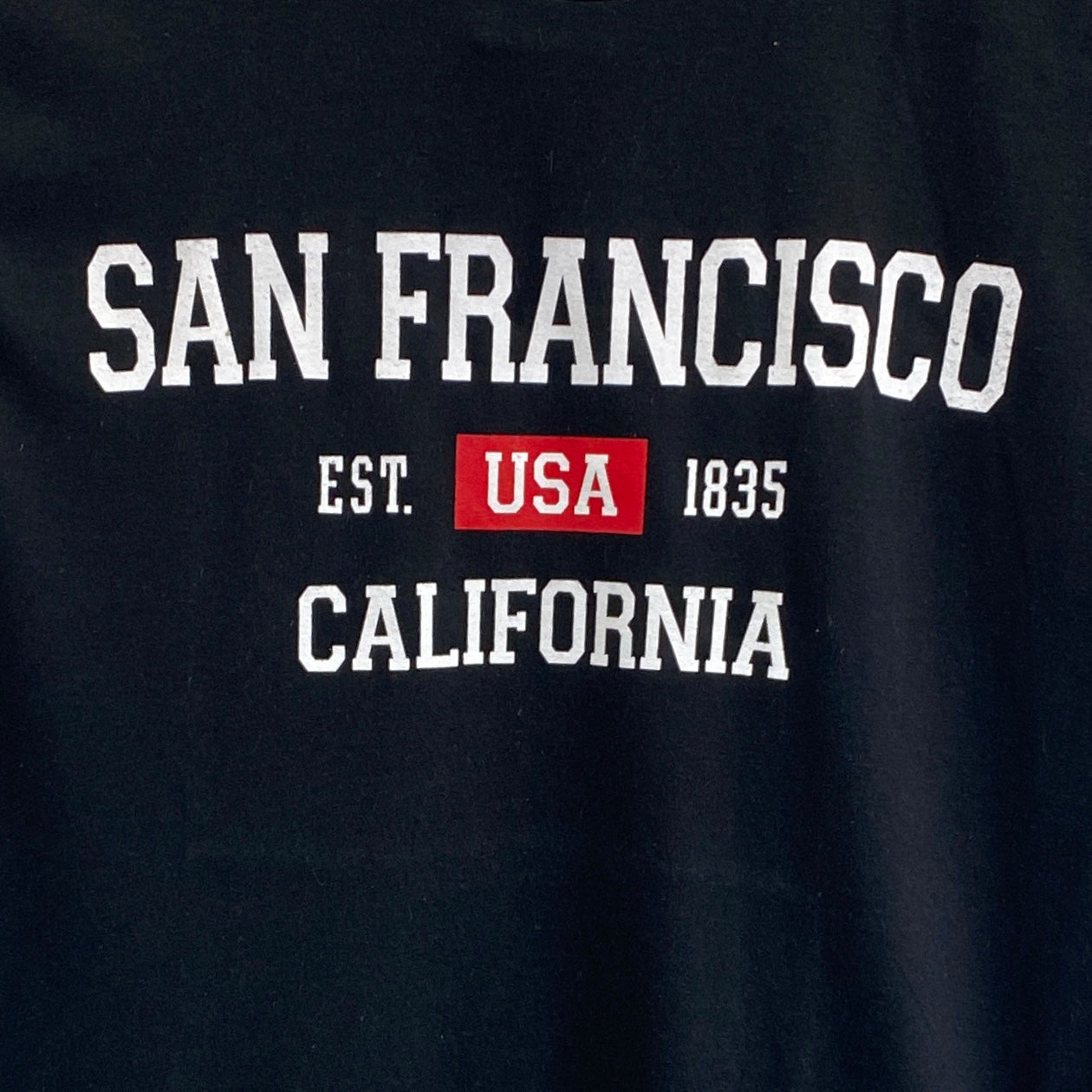 San Francisco, California unisex t-shirt design with white text and red USA logo on black background, established 1835