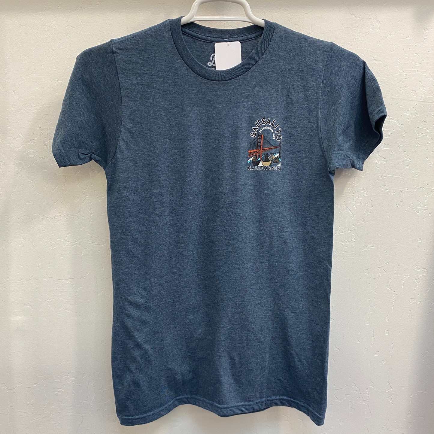 Sausalito California unisex t-shirt with Golden Gate Bridge graphic, navy blue cotton-polyester blend, short-sleeved
