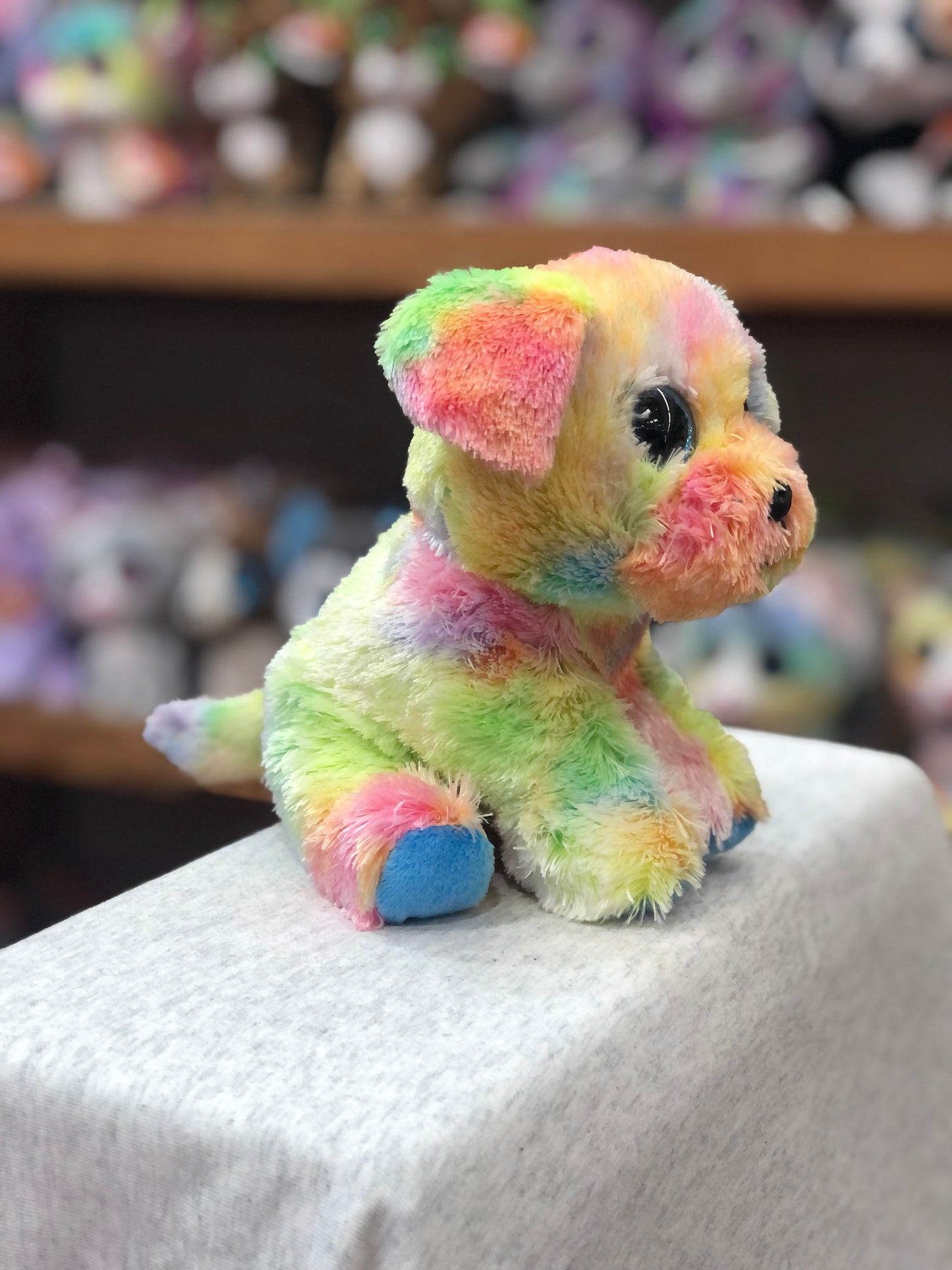 Ty Original Beanie Baby Max, a multicolor plush dog with rainbow fur, sitting on display. Profits support autism charity.