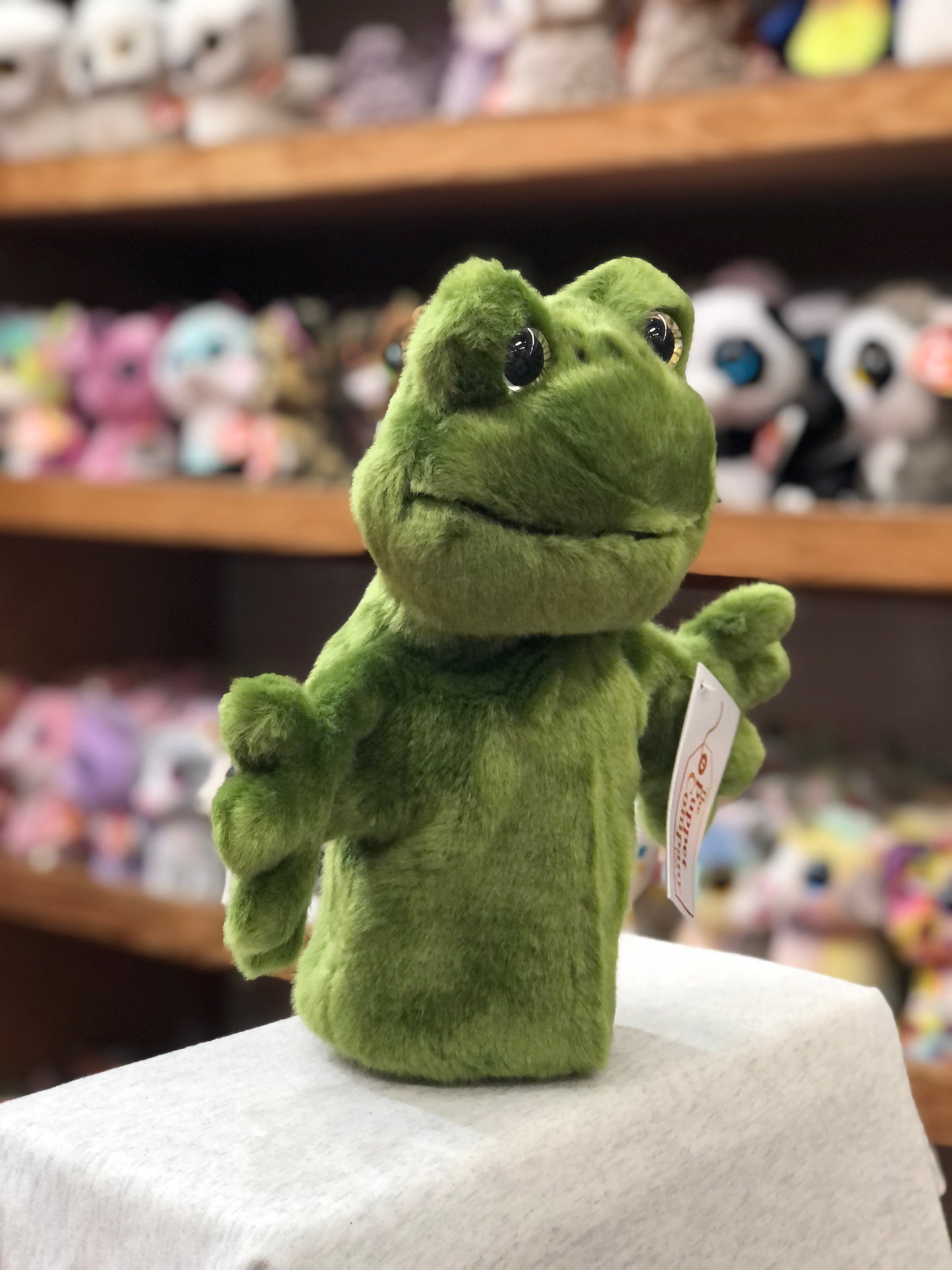 Green frog hand puppet from The Puppet Company's CarPets collection, displayed on shelf with other toys in background