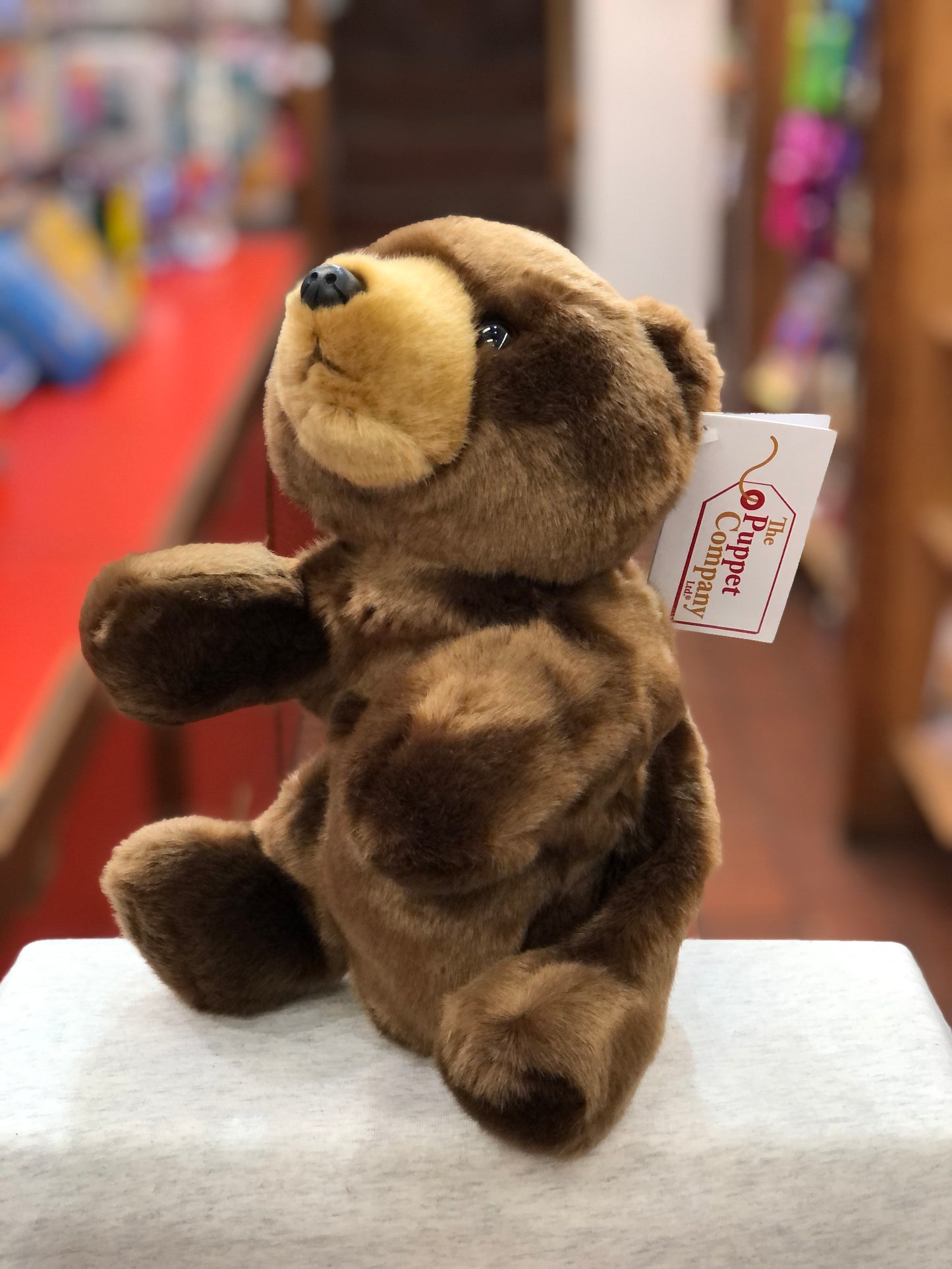 Cuddly full-bodied bear puppet by The Puppet Company, soft brown plush toy with movable limbs and brand tag