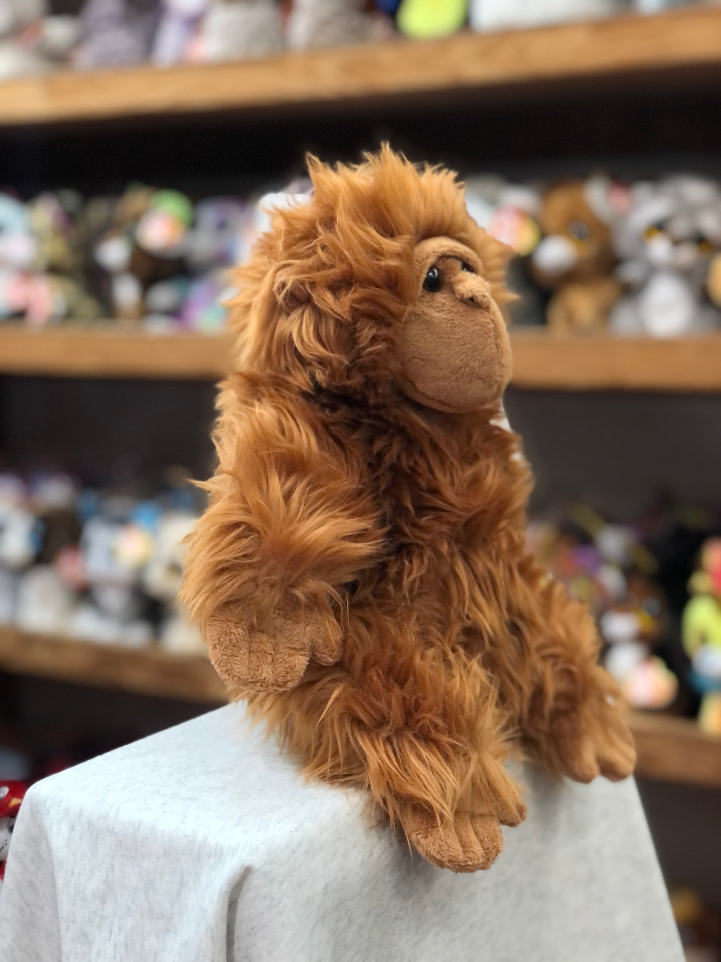 Cuddly full-bodied orangutan puppet with fluffy orange fur, sitting on display shelf among other plush toys
