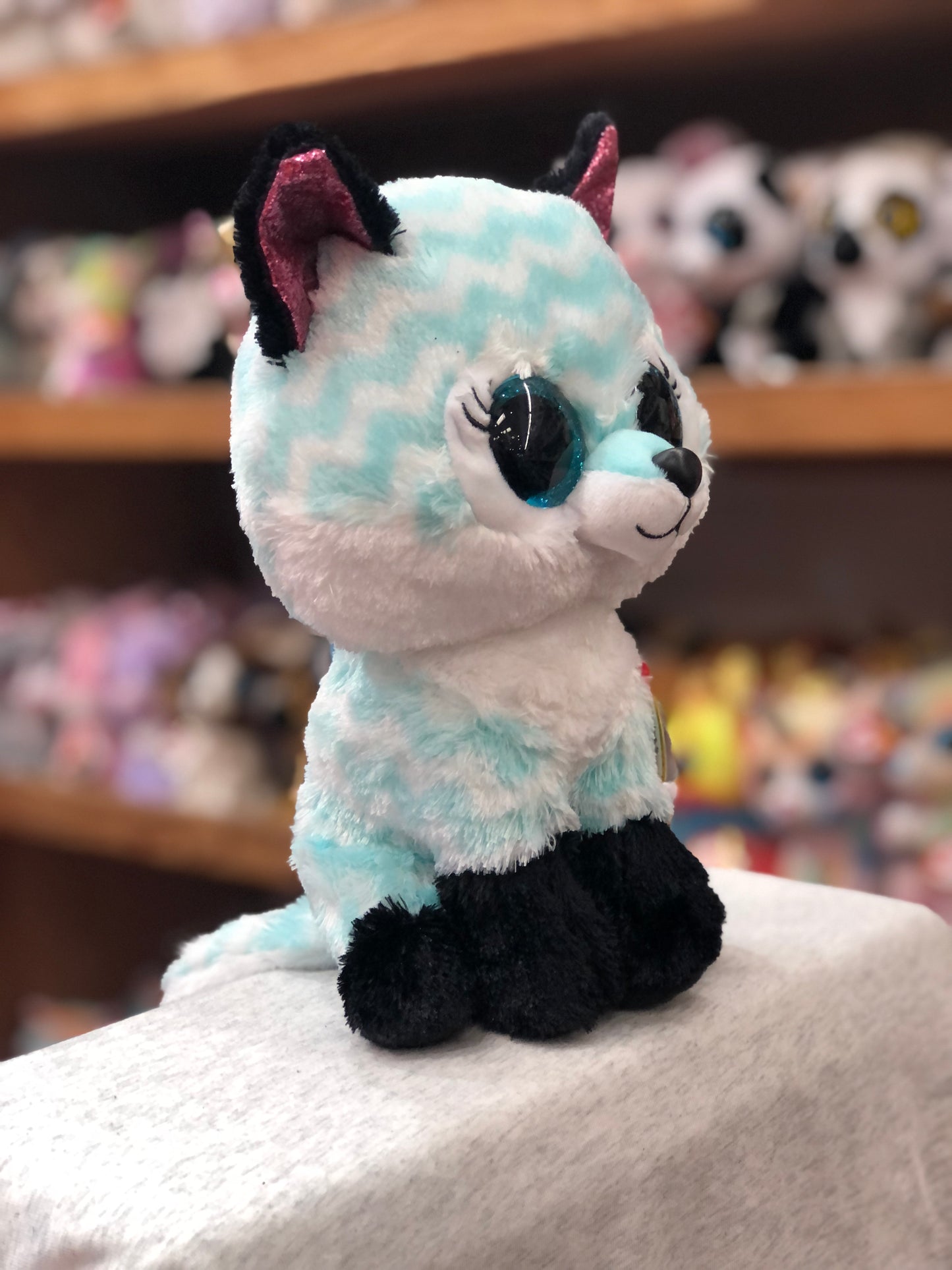 Ty Beanie Boo Atlas plush fox with aqua zig-zag pattern and large blue eyes, sitting on display among other stuffed toys