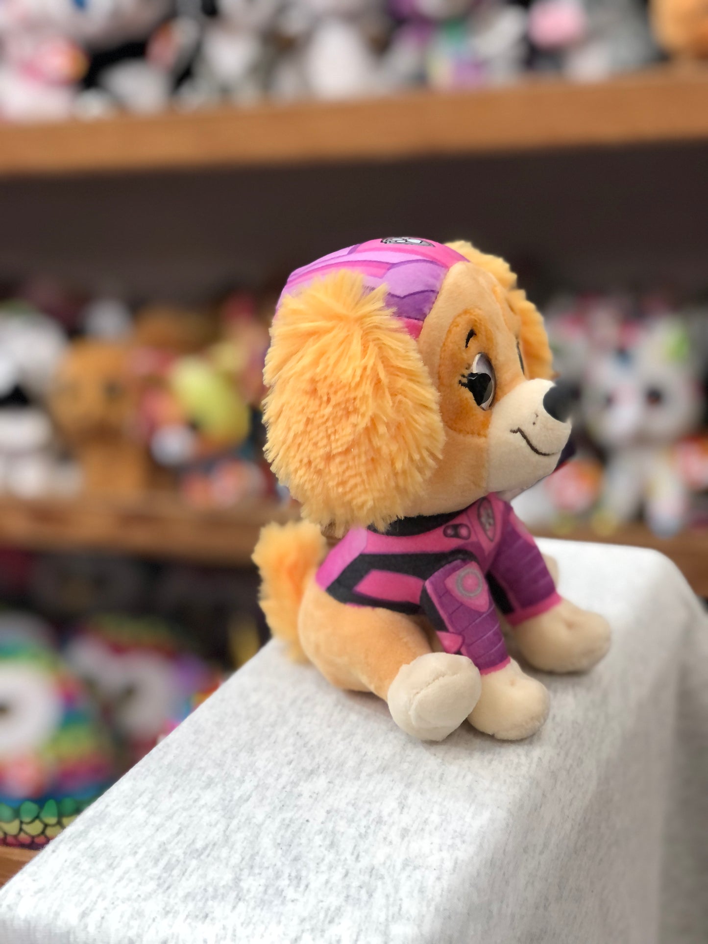 Gund Paw Patrol: The Movie Skye plush toy, wearing pink pilot uniform, sitting on display in toy store