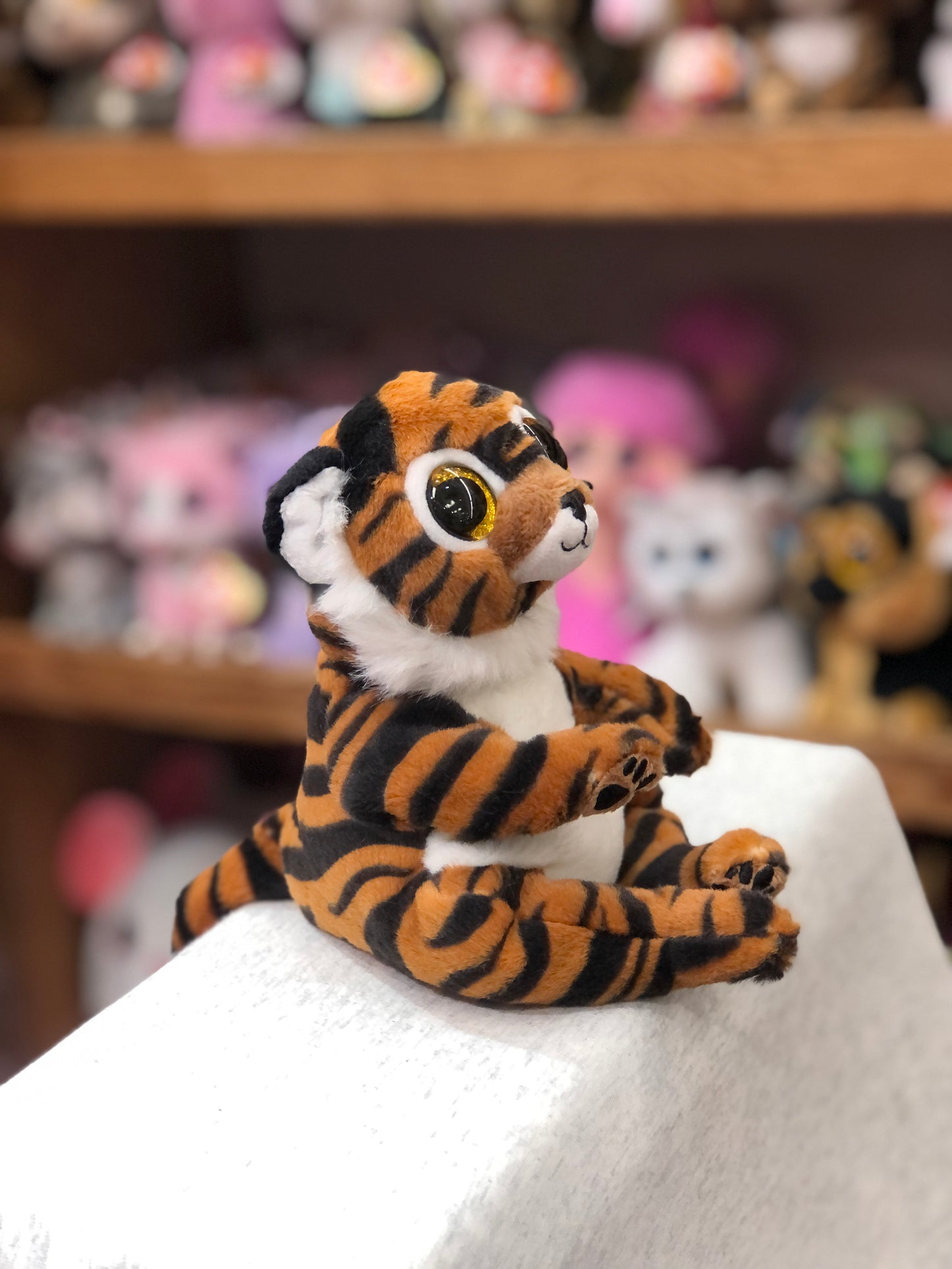 Cute Ty Beanie Belly Clawdia tiger plush with big eyes, sitting on display with other stuffed animals in background