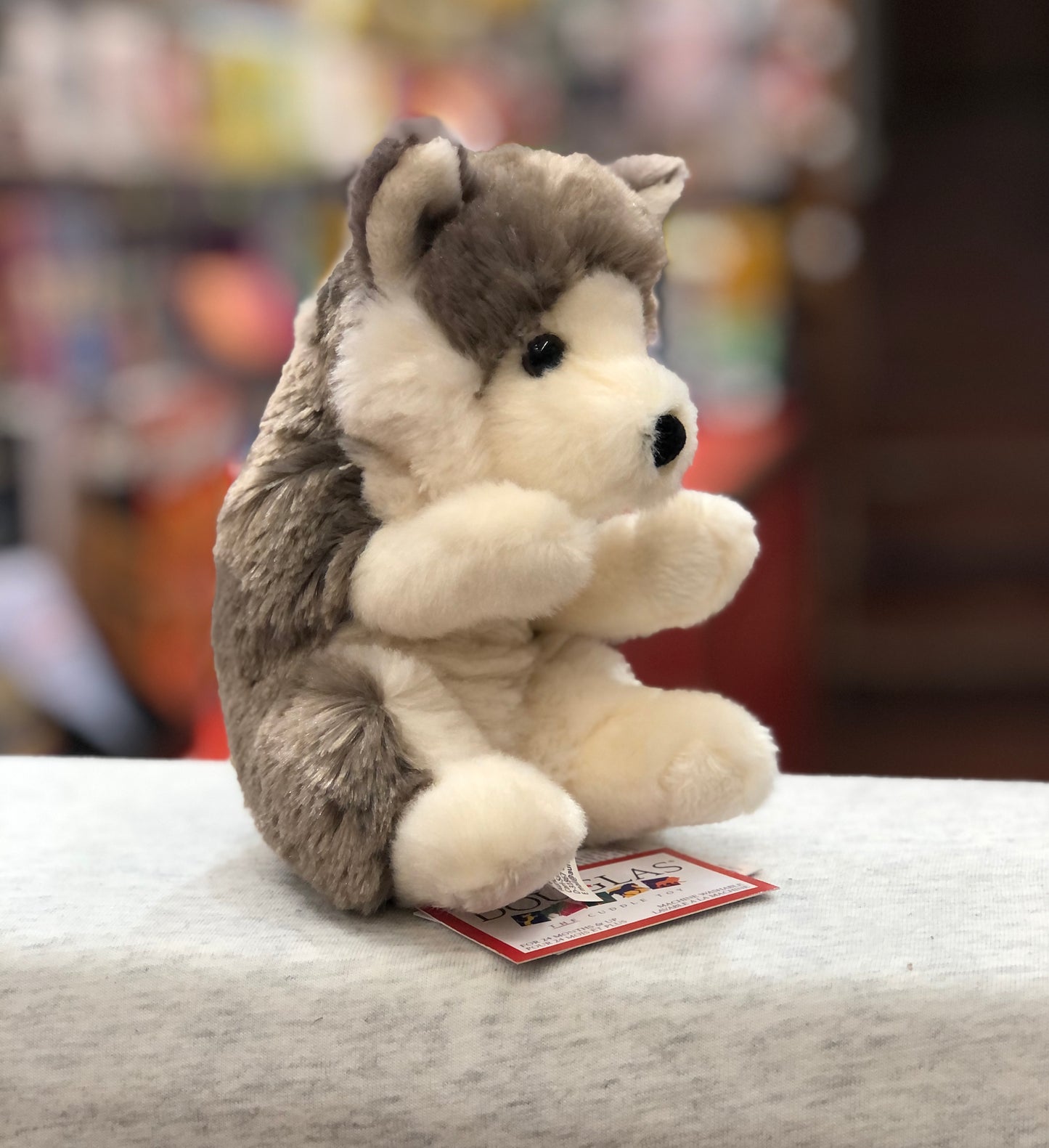 Adorable Douglas Lil' Baby Wolf plush toy, gray and cream, sitting upright with outstretched paws and cute brown eyes