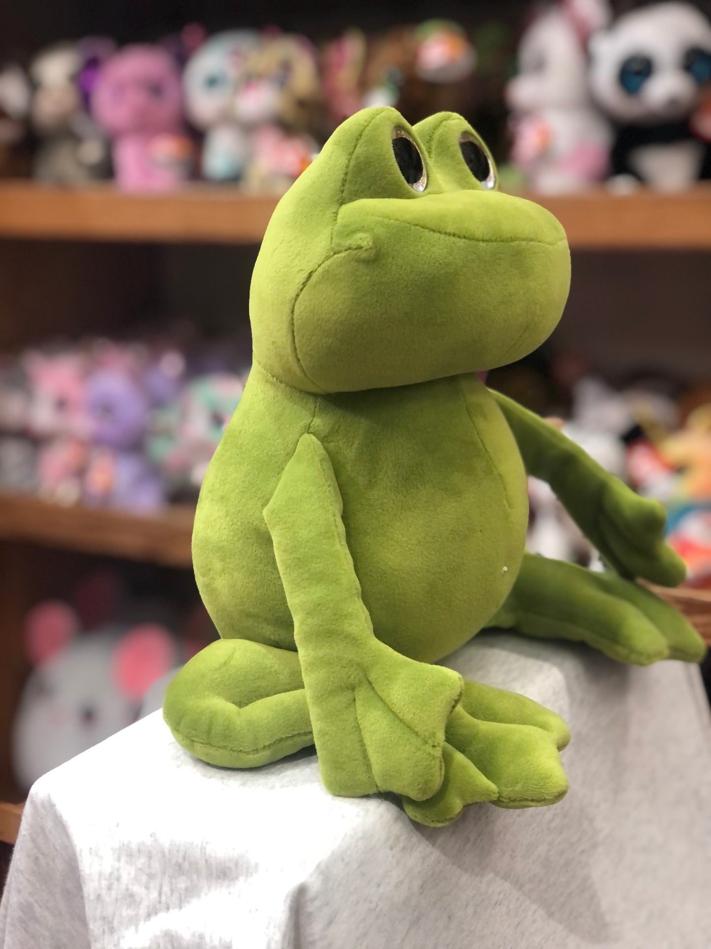 Hopscotch Macaroon Frog plush toy with bright green fabric, floppy limbs, and sparkling eyes on display with other stuffed animals