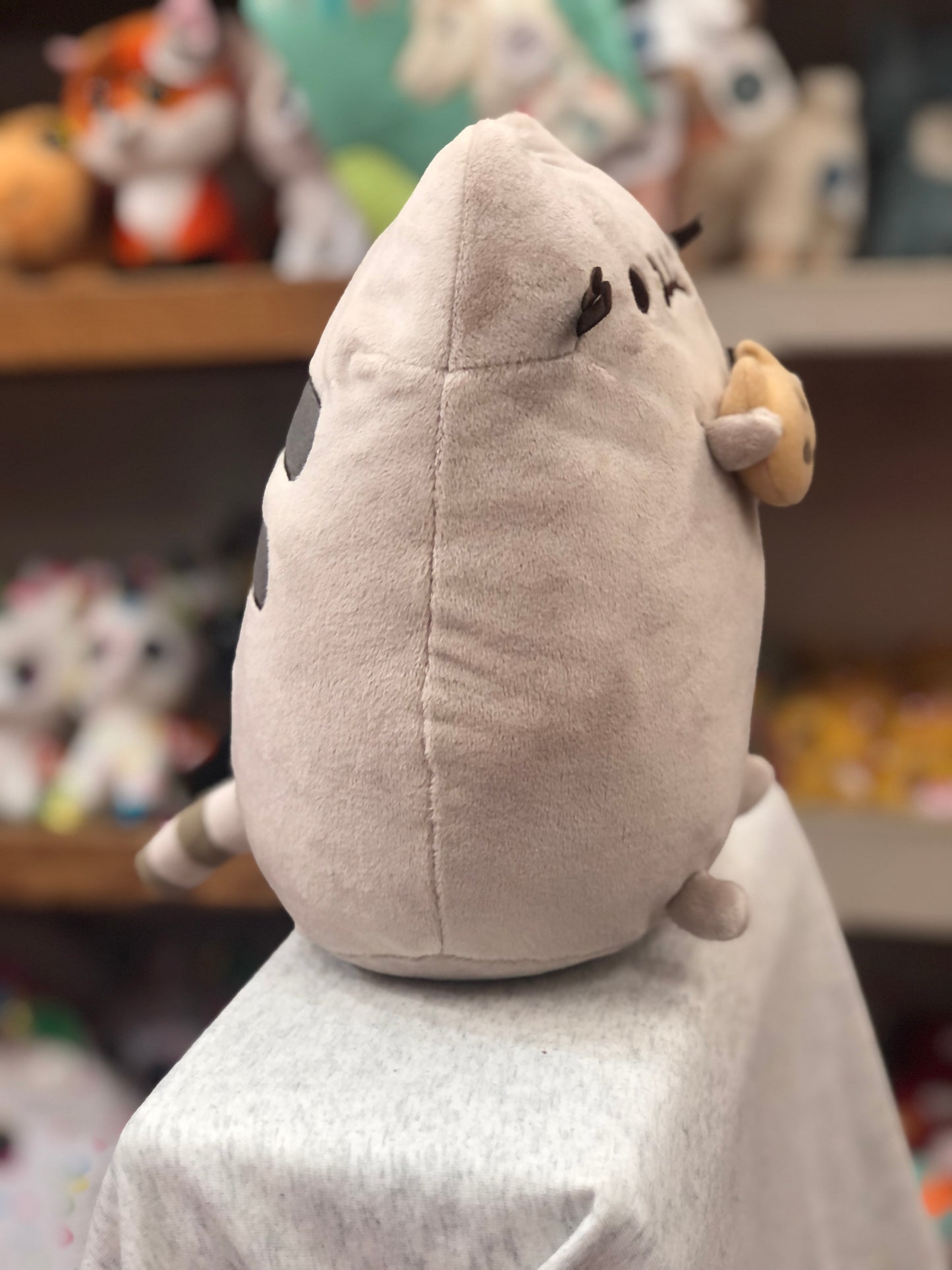 Gund Pusheen plush toy holding cookie, standing on display shelf with other stuffed animals visible in background