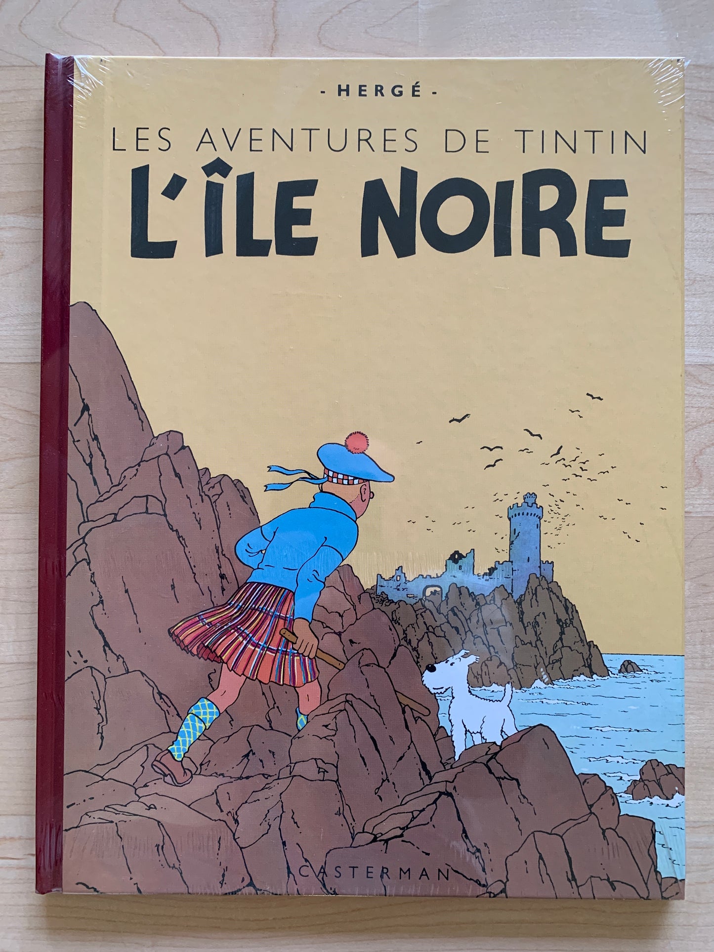 Cover of Tintin's "L'île Noire" by Hergé, showing Tintin on rocky cliffs overlooking a distant castle, published by Casterman in 1996