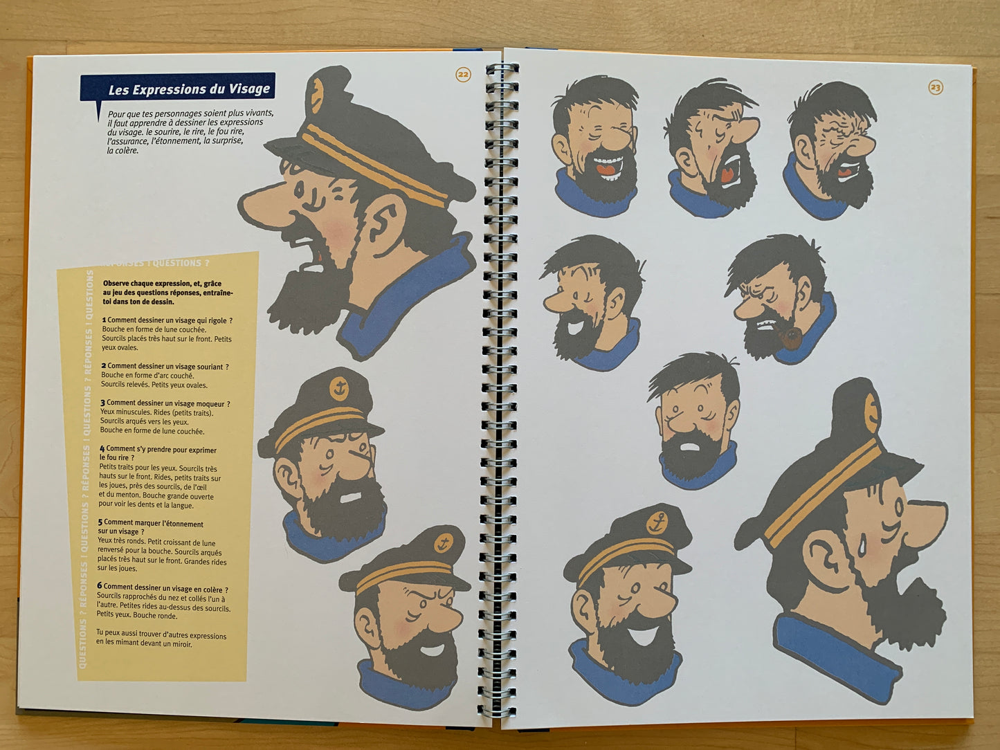 Comic book drawing tutorial showing facial expressions of Captain Haddock character, with instructions in French on creating different emotions